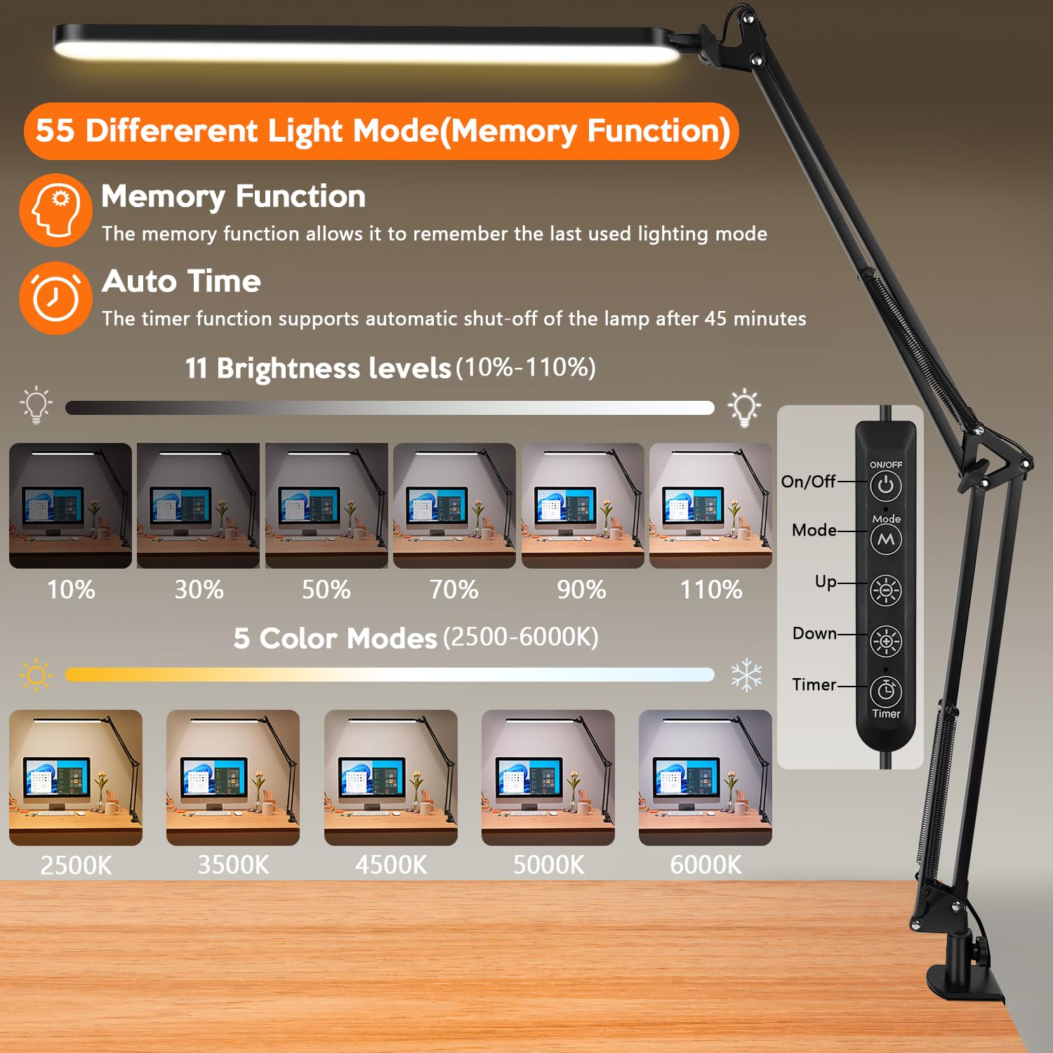 BIENSER Lámpara Escritorio LED, Lámpara de Mesa con Pinza, 11 Niveles de Brillo X 5 Modos, Regulable, Protección Ocular, Función de Memoria, Lámpara de Arquitecto para Oficina, Lectura, Estudio
