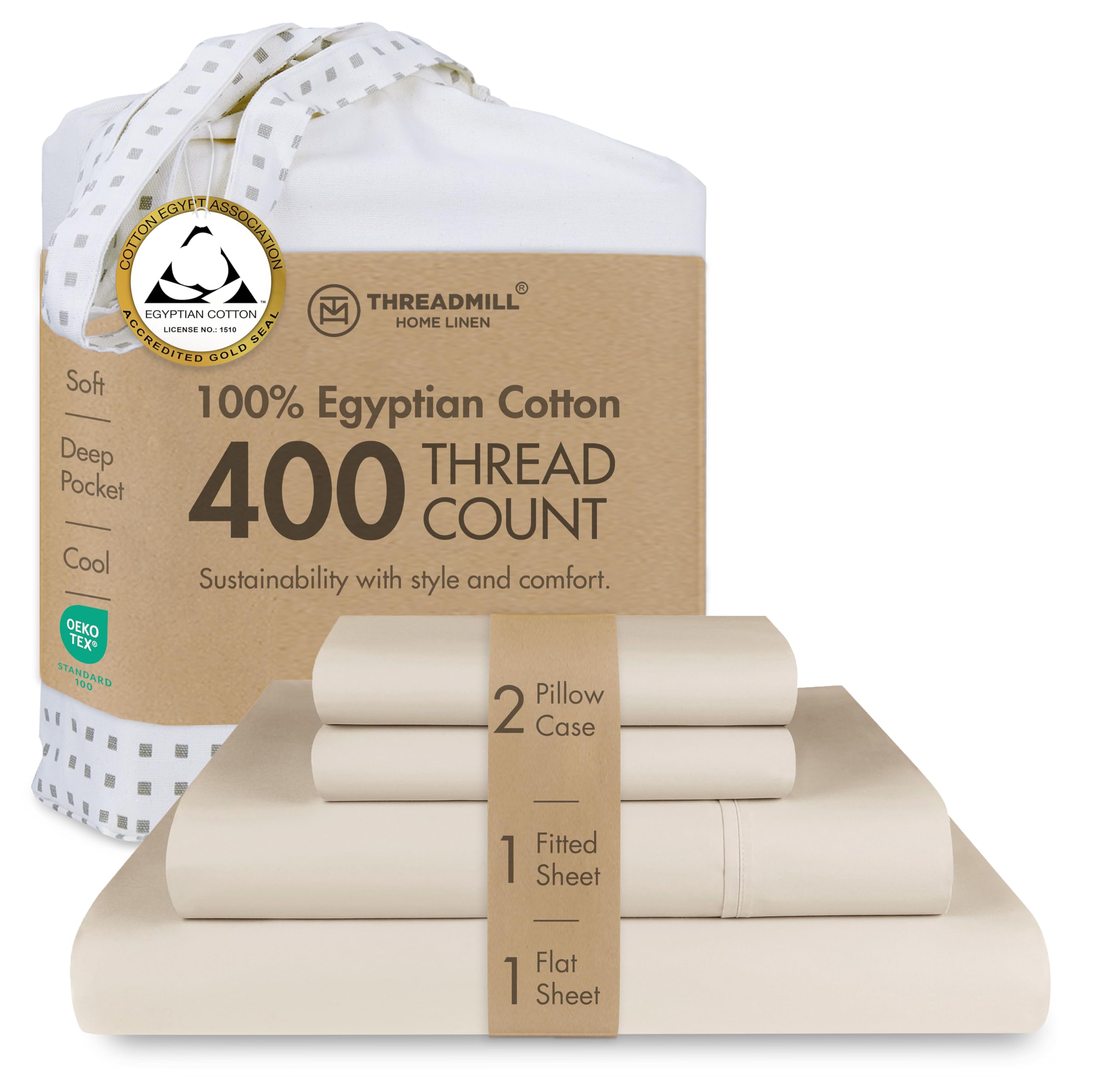 Threadmill Egyptian Cotton Queen Sheet Set | 100% Certified Egyptian Cotton Bed Sheets for Queen Size Bed | Queen Bed Sheets Set with Snug Fit 16" Deep Pocket | Soft Cooling Sateen Bedding Set | Beige