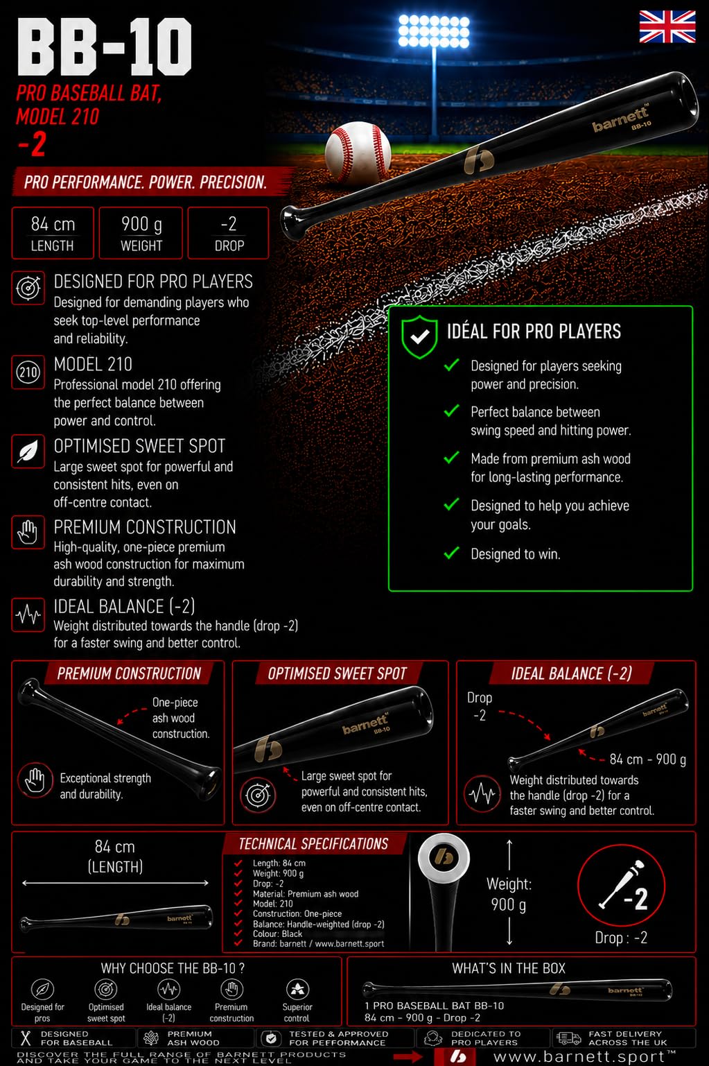 Barnett BB-10 - Bate de béisbol (madera de arce)