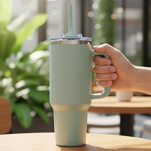 Vista 7 de COKTIK - Vaso de 40 onzas con asa y tapa con popote, taza de viaje aislada al vacío de acero inoxidable con aislamiento para bebidas, a prueba