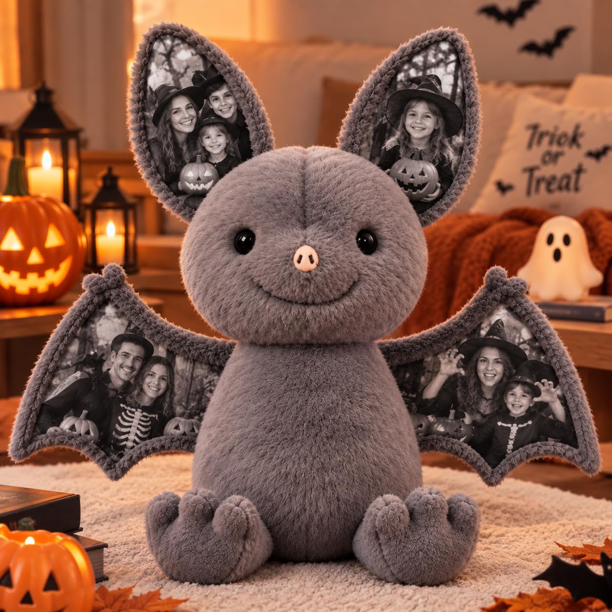 VEELU Personalised Photo Bat Pillow with 4 Hidden Pictures, Customised Memory Photo Plush Keepsake Stuffed Bat Gift for Anniversary Birthday Valentine’s Day Couple Halloween Decoration