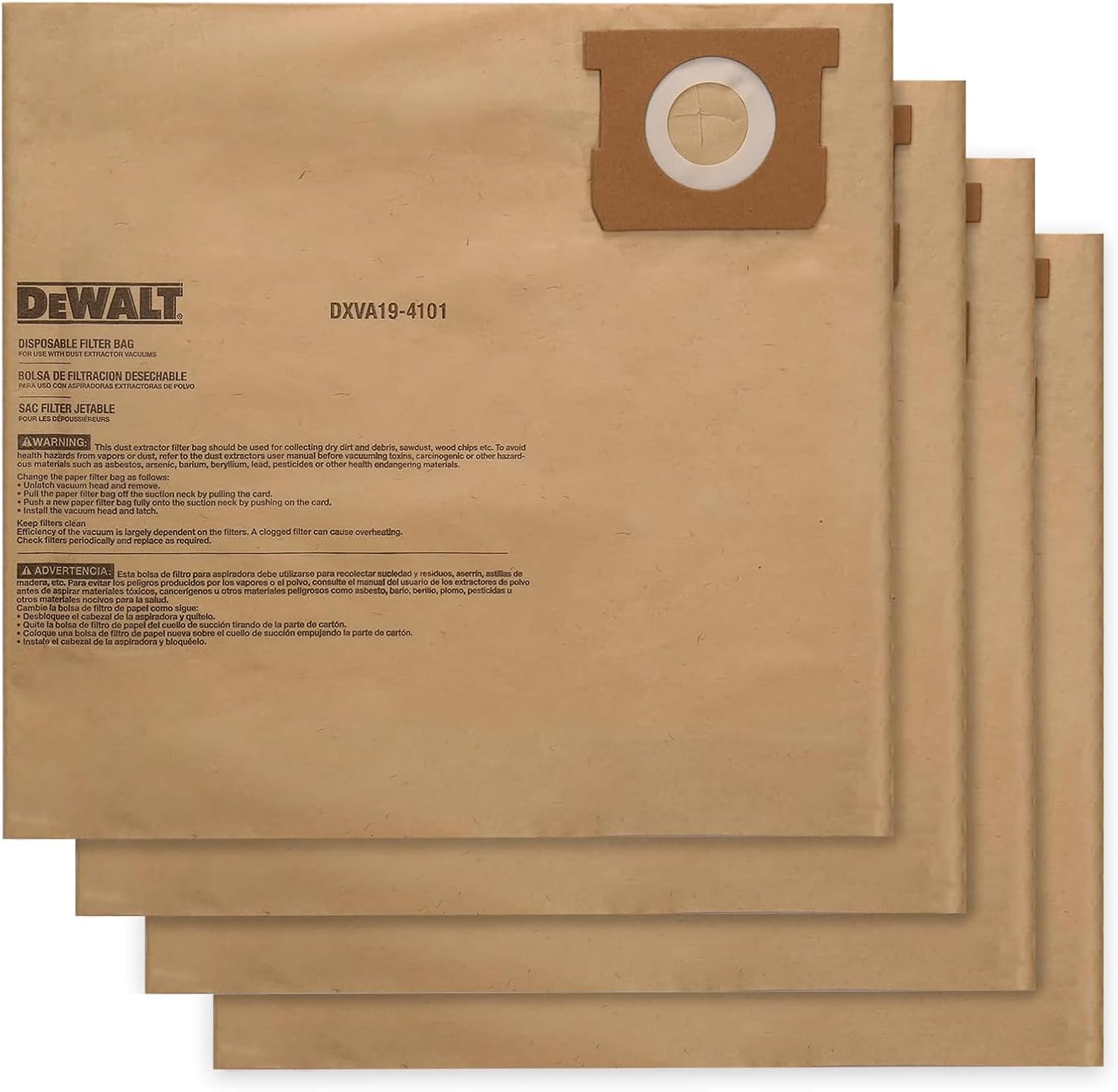 4 PACK DEWALT Dust Bags DXVA19-4101, DEWALT Vacuum Bags for 6-10 Gallon Wet/Dry Vacuum, Shop Vac Bag Compatible with DXV06P DXV09P DXV09PA DXV10P DXV10PL DXV10S DXV10SA DXV10SB