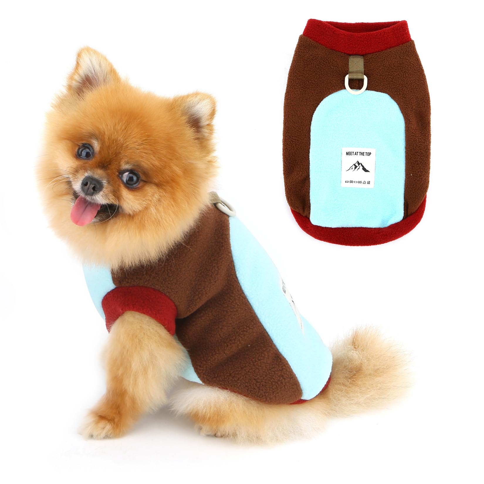 PAIDEFUL Colour Block Fleece Dog Jumper for Small Dogs, Sleeveless Pet Pullover with Lead Ring, Soft Stretchy Thermal Vest for Chihuahua Yorkie Cats,Brown,L