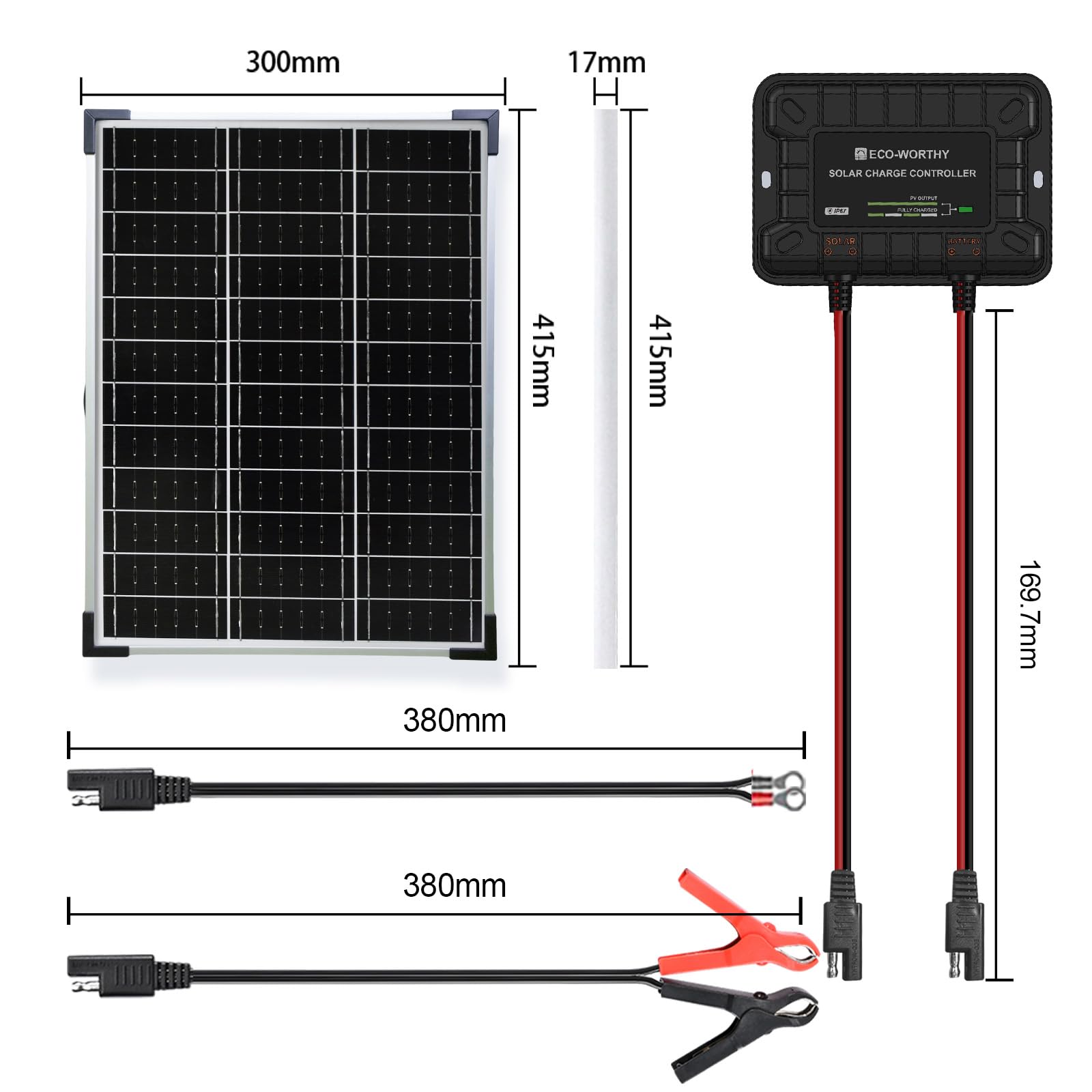 ECO-WORTHY Kit Pannello Solare Monocristallino da 25 W, 12 V, Pannello Solare da 25 W, Supporto Regolabile + Cavo di Collegamento SAE, Regolatore di Carica per Giardino, Casa e Barca Marina