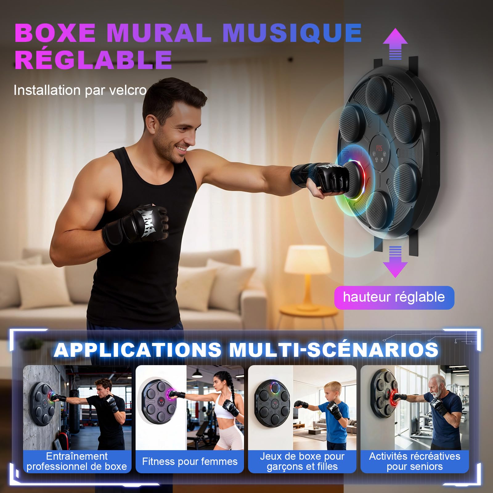 Machine de Boxe Musicale, Boxe Mural Musique avec 12 Vitesses et Modes, Comptage et Bluetooth, Affichage LED, Gants Inclus, Entraînement de Boxe Adapté aux Enfants et Adultes