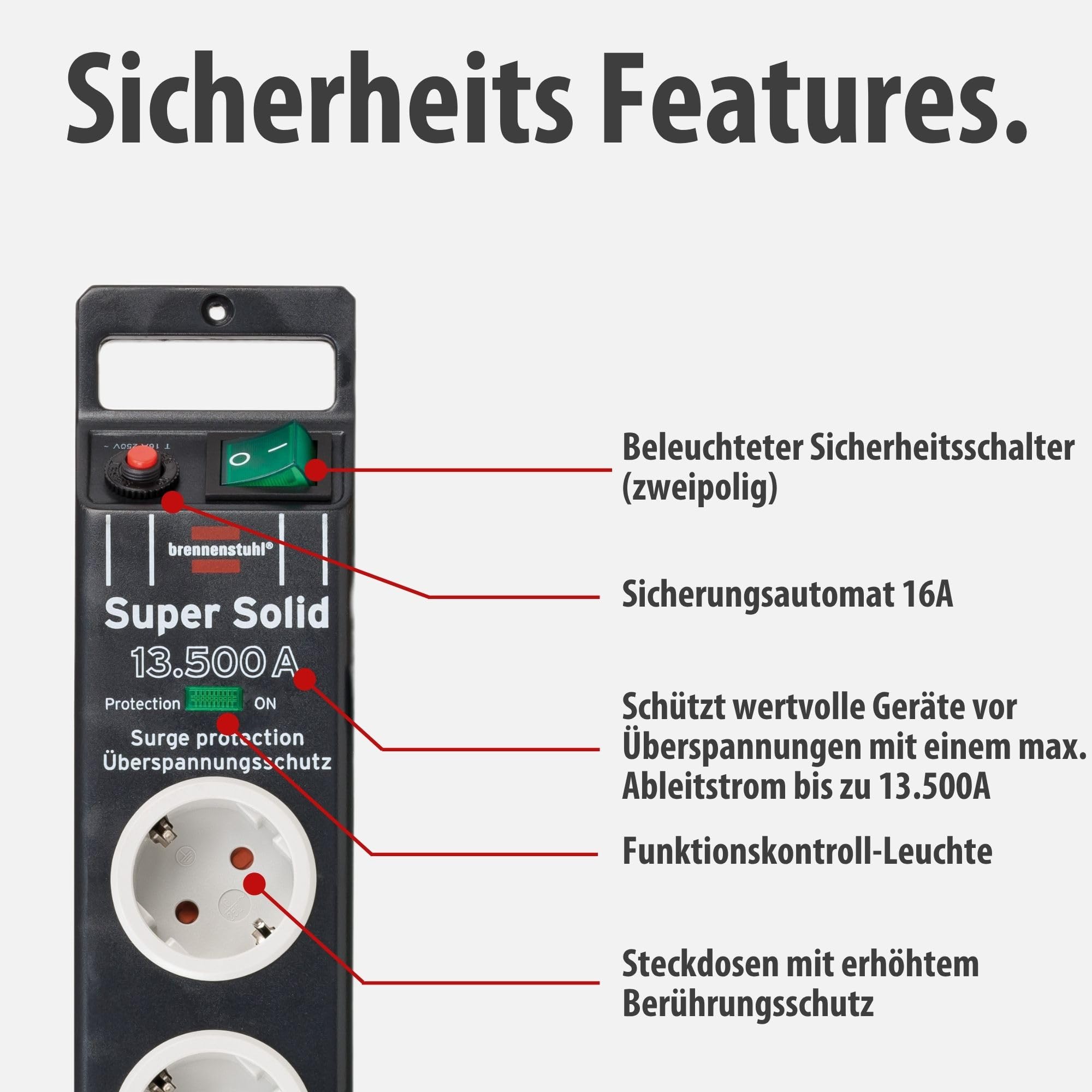 Brennenstuhl Super-Solid Steckdosenleiste 8-Fach mit Überspannungsschutz (Steckerleiste mit 2,5m Kabel und Schalter, Mehrfachsteckdose aus bruchfestem Polycarbonat) schwarz/grau