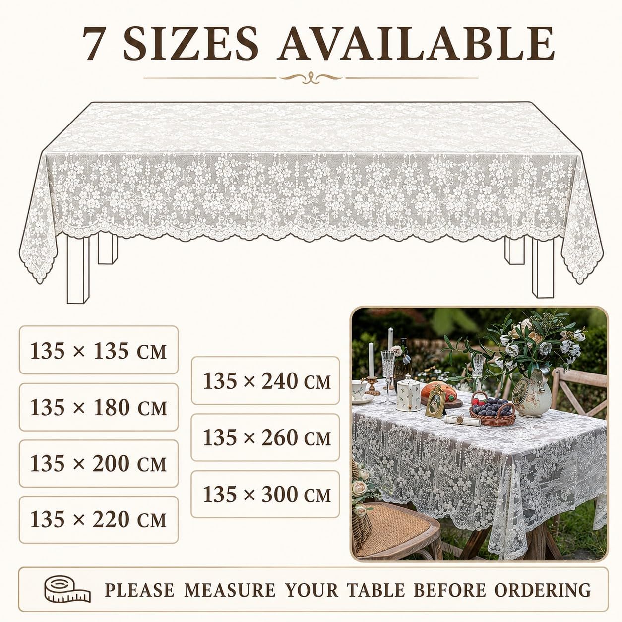Weiße Spitzentischdecke Rechteckig–Tischtuch mit Blumenstickerei 135*220cm | Transparente Spitze Tischdecke im französischen Vintage-Stil – 7 Größen für Esstisch, Hochzeit, Gartenfest und Kaffeetafel.