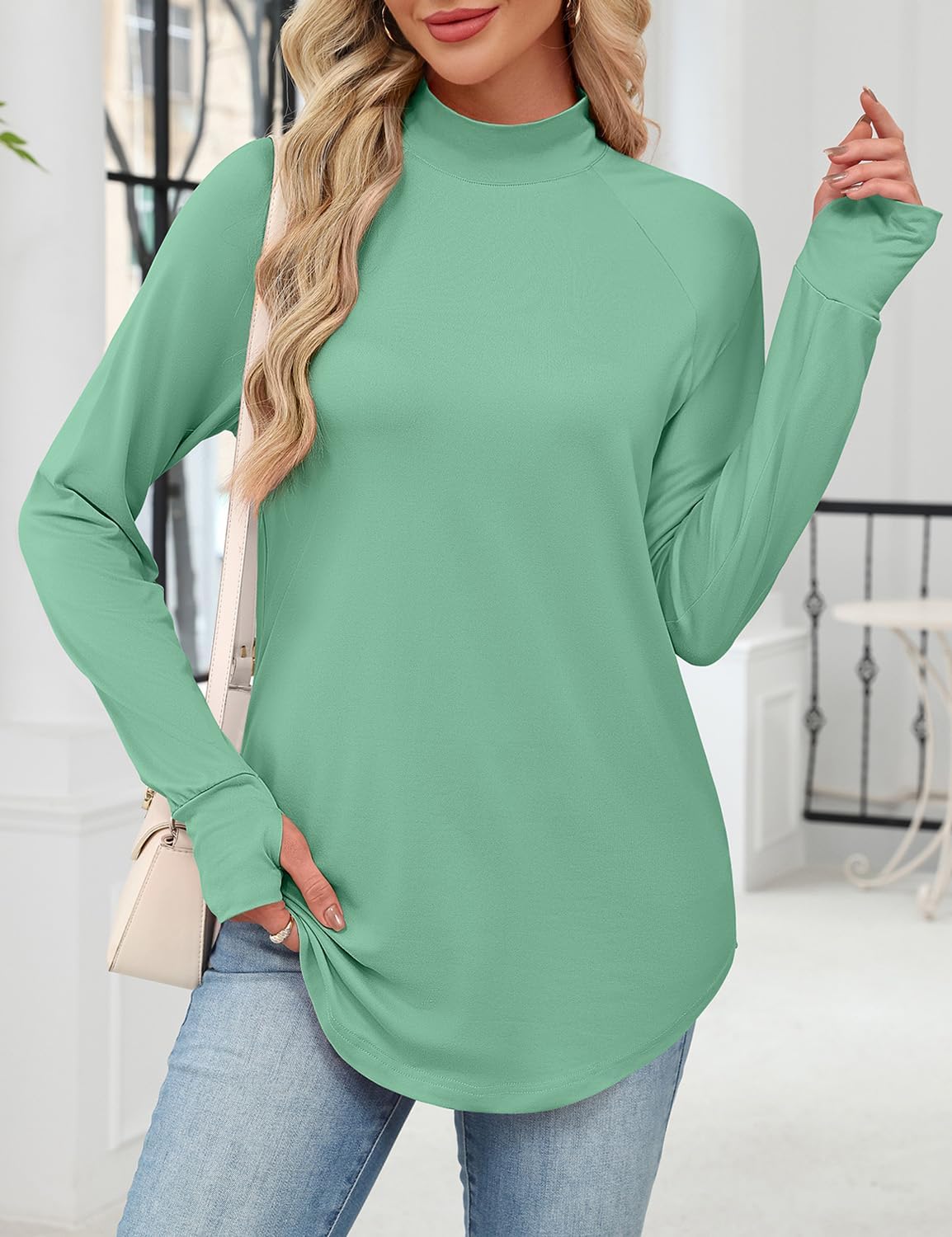 JUSTFASHIONNOW Tunic Tops for Women Casual Long Sleeve Turtle Neck Shirts Thumb Hole Curved Hem Tops Fall Fashion - Image 4