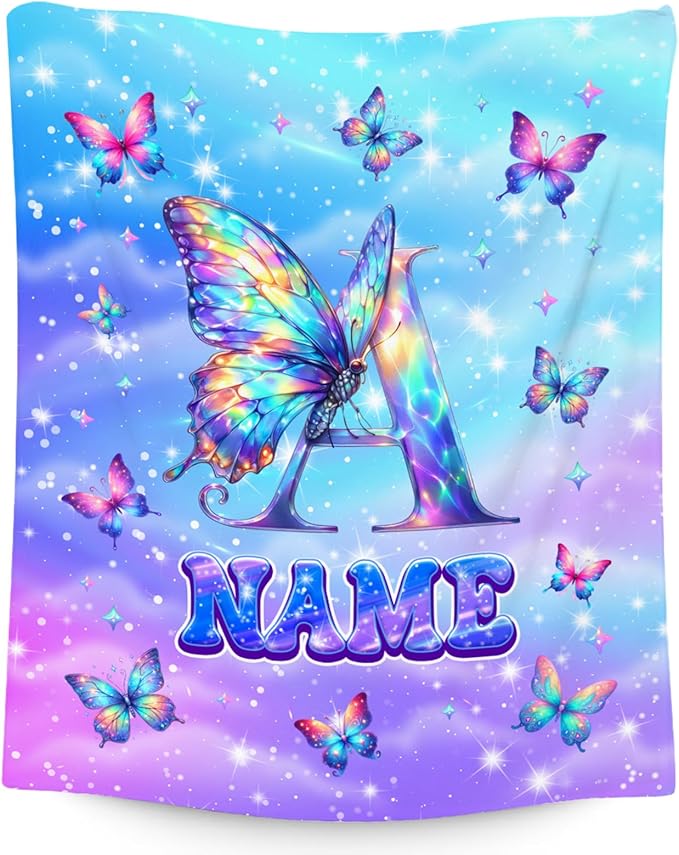 Custom Initial Blanket Butterfly Gifts for Girls - Soft Flannel Monogram Throws for Office, Sofa Room Decor