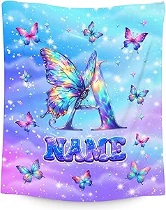 Custom Initial Blanket Butterfly Gifts for Girls - Soft Flannel Monogram Throws for Office, Sofa Room Decor