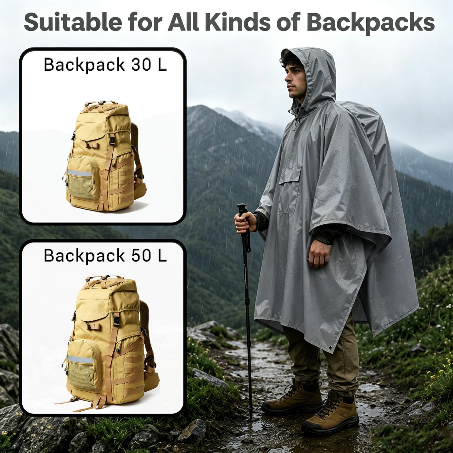 Poncho Pioggia Impermeabile Riutilizzabile per Adulti, Mantella Antipioggia 3-in-1 Leggera con Cappuccio per Trekking, Uomo e Donna