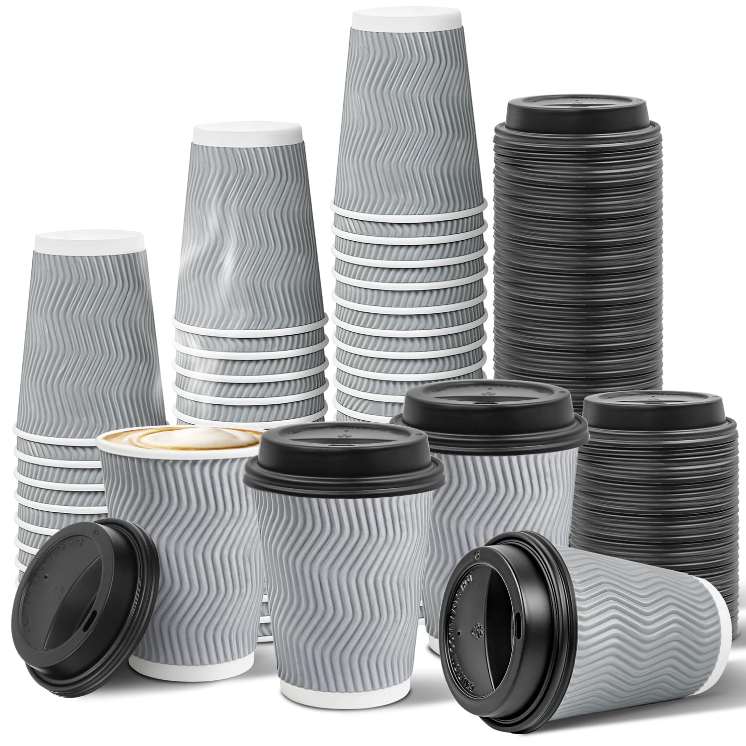 Ginkgo 100 Pack To Go Paper Coffee Cups With Lids 12 oz Disposable Double-Walled Ripple Insulated Hot Cups