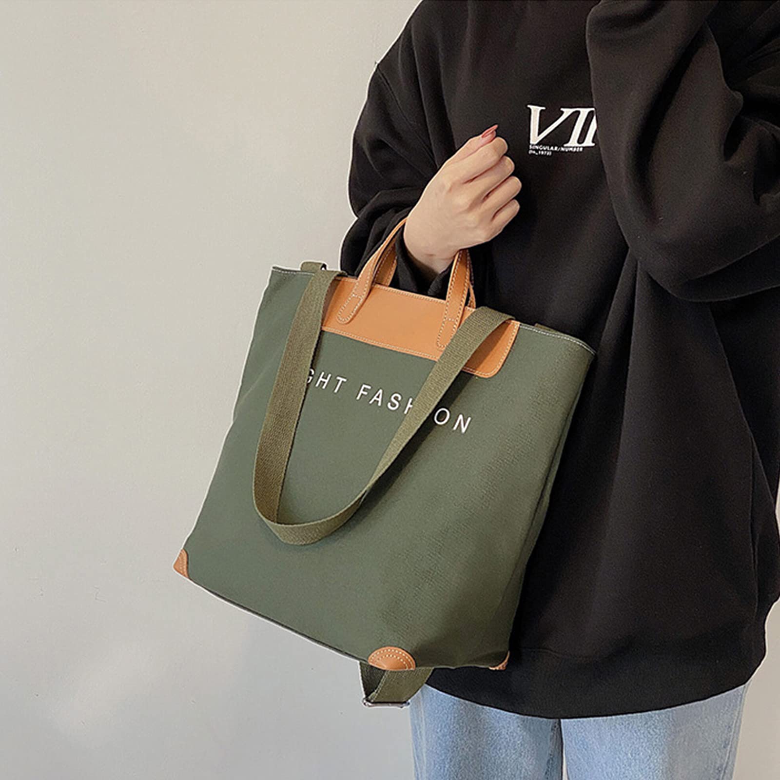 Bolsos de Mujer Grande Bolsos de Hombro de Lona Bolso Bandolera Multifuncional Bolso Tote Shopper Bolso para Trabajo Escuela Viaje Uso Diario Verde