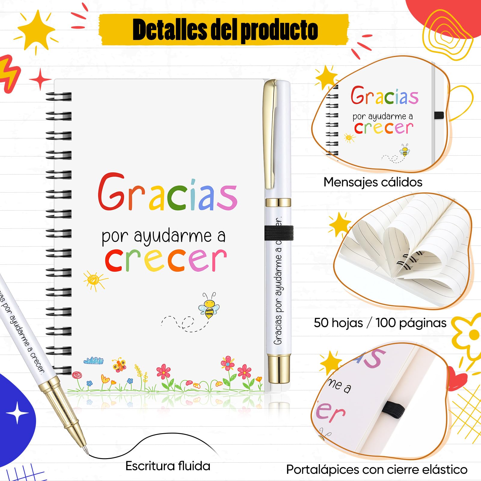 Sinmoe Regalos de Agradecimiento para Profesores Incluir Cuaderno A6 Bolsa de Cosméticos Marcapáginas con Colgante Gratitud Tarjeta de Agradecimiento Doblada(Ayudarme A Crecer)