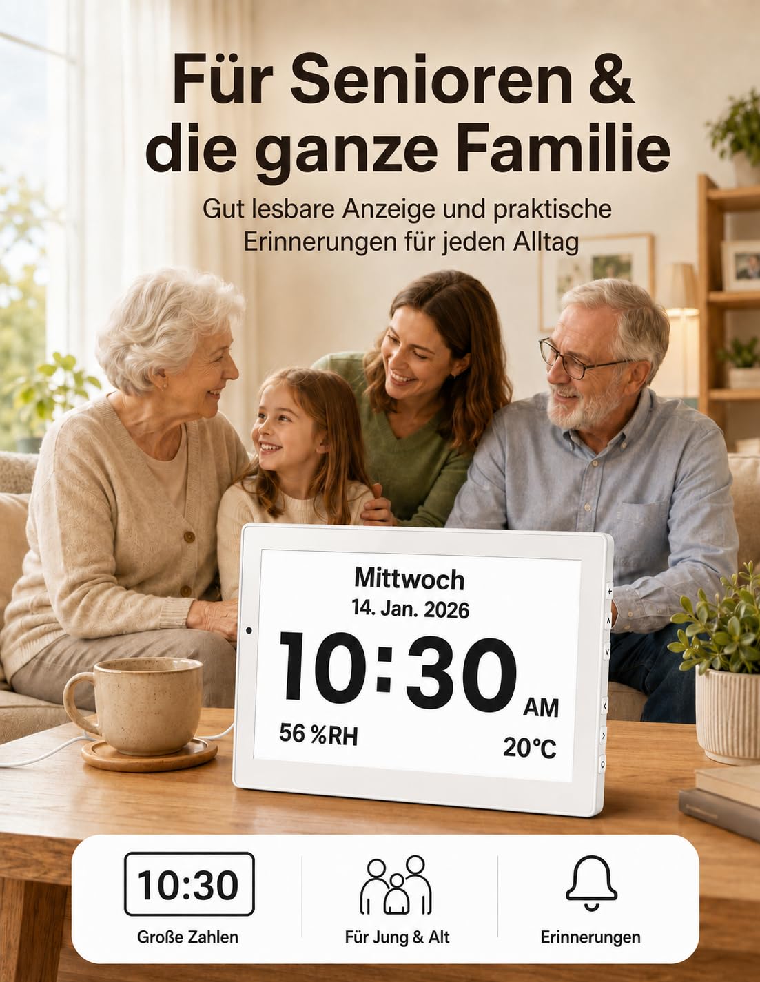 Roxicosly 10.1' Digitaler Kalender, Digital Uhr mit 20 Alarmen & Erinnerungen, 12 Themen, 12/24HTemperatur & Luftfeuchtigkeit, Dimmbar & 6 Sprachen, DST, USB & SD, Wecker Digital für Senioren