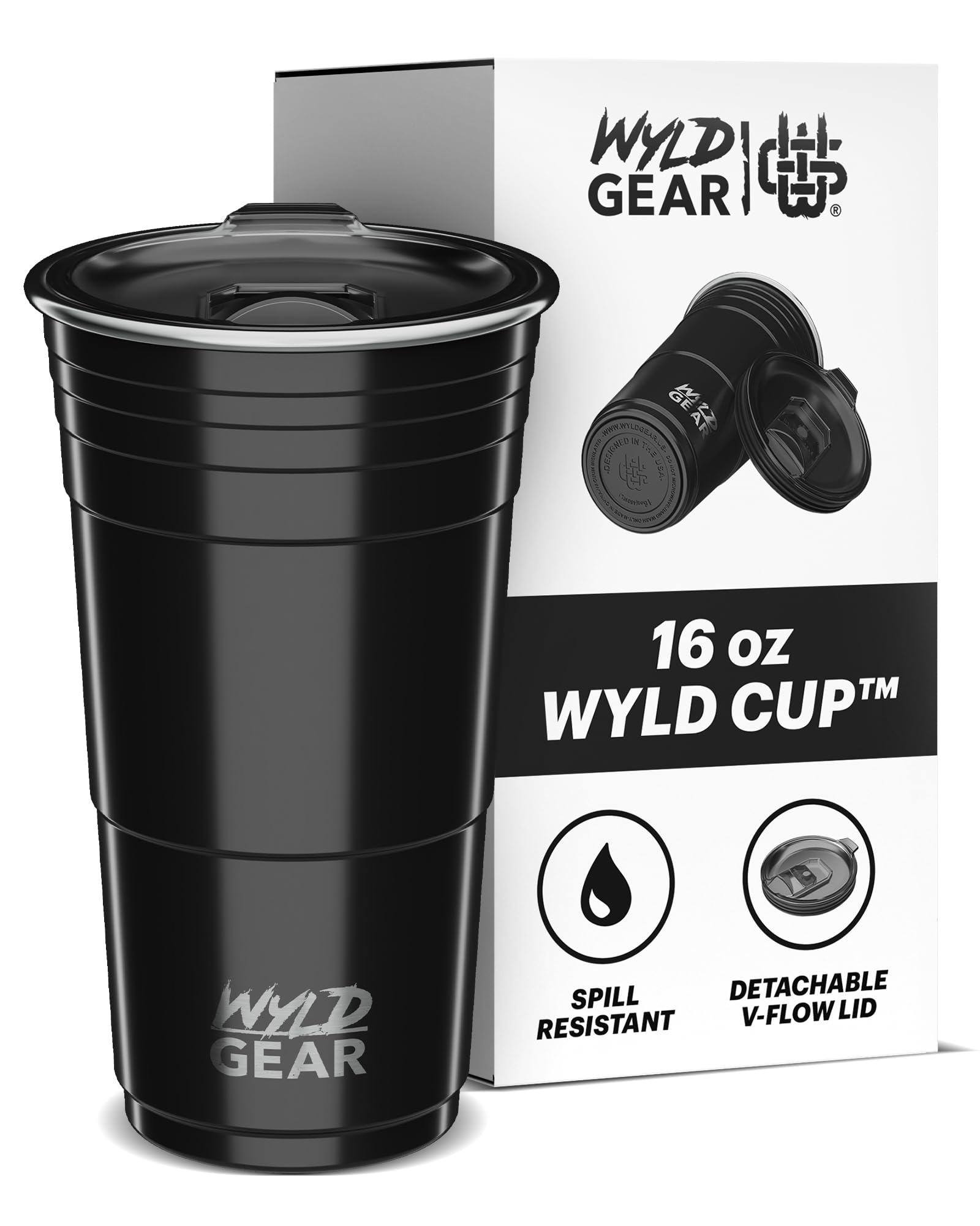 Wyld Cup Stainless Steel Party Cup with Lid, 16 oz Insulated Tumbler for Cold Drinks, Reusable No Sweat Metal Drinkware, Double Wall Vacuum Mug, for Patio, Black