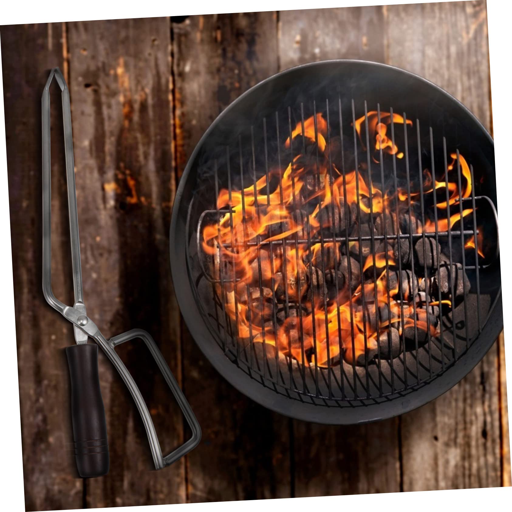 BESPORTBLE Pinzette per Barbecue in Acciaio Inossidabile Manico in Legno di Faggio Pinza per Carbone e Legna da Accensione per Uso Esterno