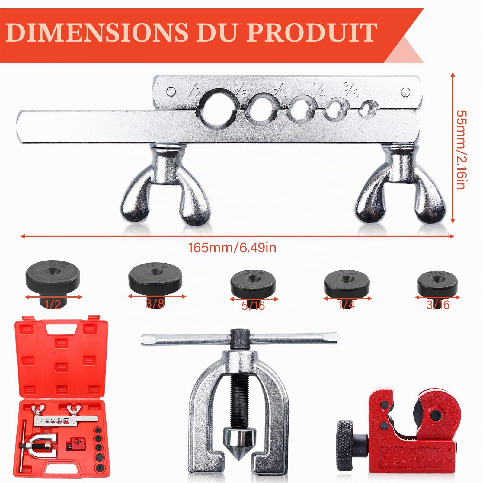 Leikurvo Kit de serrage pour conduites de frein avec outil d'expansion, outil d'expansion avec coupe-tube 3/16"|1/4"|5/16"|3/8"|1/2", outil de tuyau de frein double et simple pour atelier automobile
