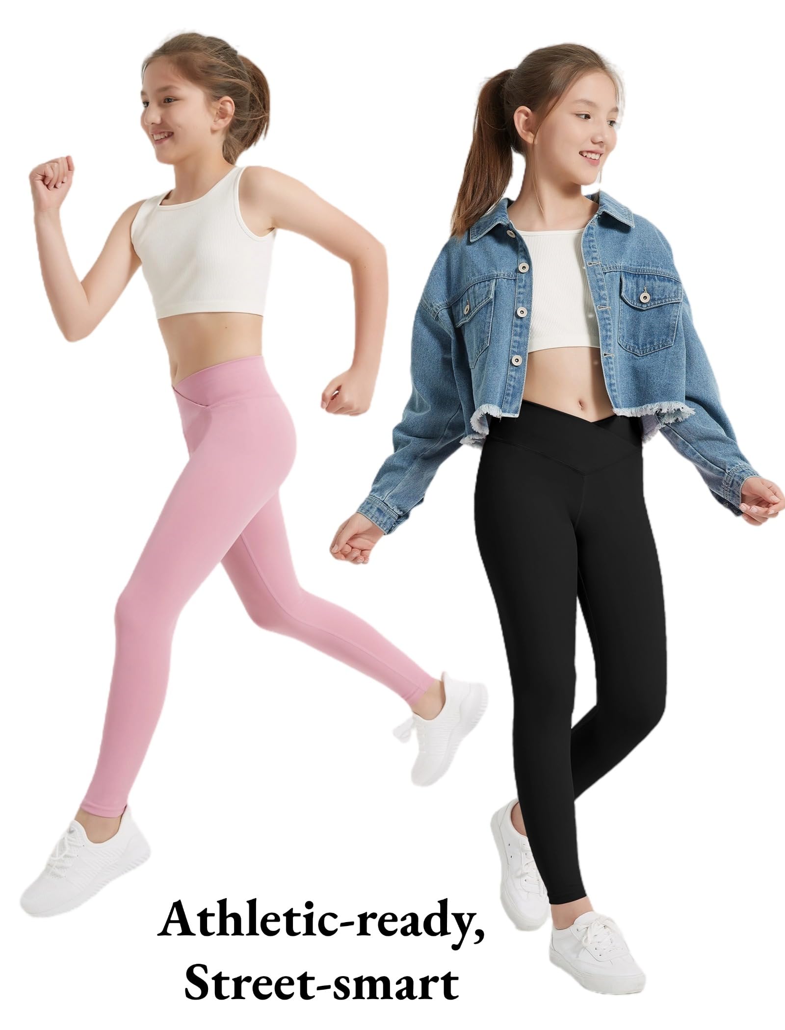 EXARUS 4 Pack Girls Leggings Kids Athletic Yoga Pants Crossover V Waist High Waisted Compression for School Dance Black Grey Pink Hot Pink 12Y