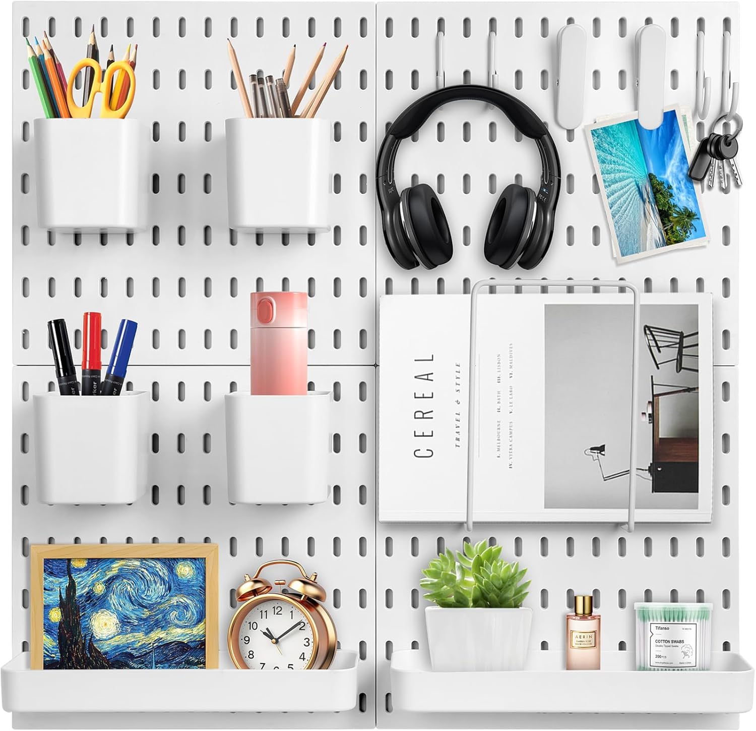 Kit combinato di 4 pannelli forati, organizer da parete con bidoni, ripiani e ganci, per artigianato, organizzazione, ornamenti, esposizione, vivaio, 30 cm