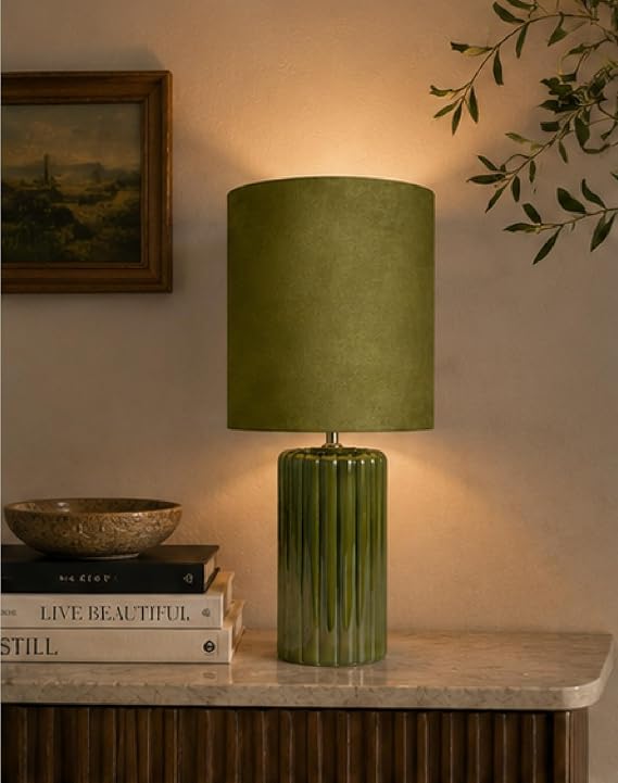 Tall Ceramic Table Lamp with Matching Velvet Shade in Orange Blue and Green (Green) [Energy Class D]