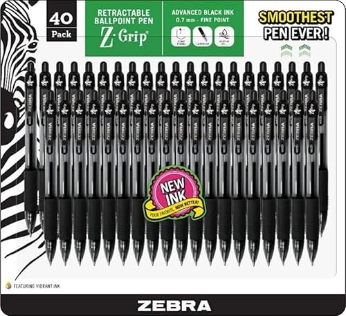 Zebra Z-grip - Bolígrafos retráctiles de punta fina, 0.028 in, paquete de 40 unidades