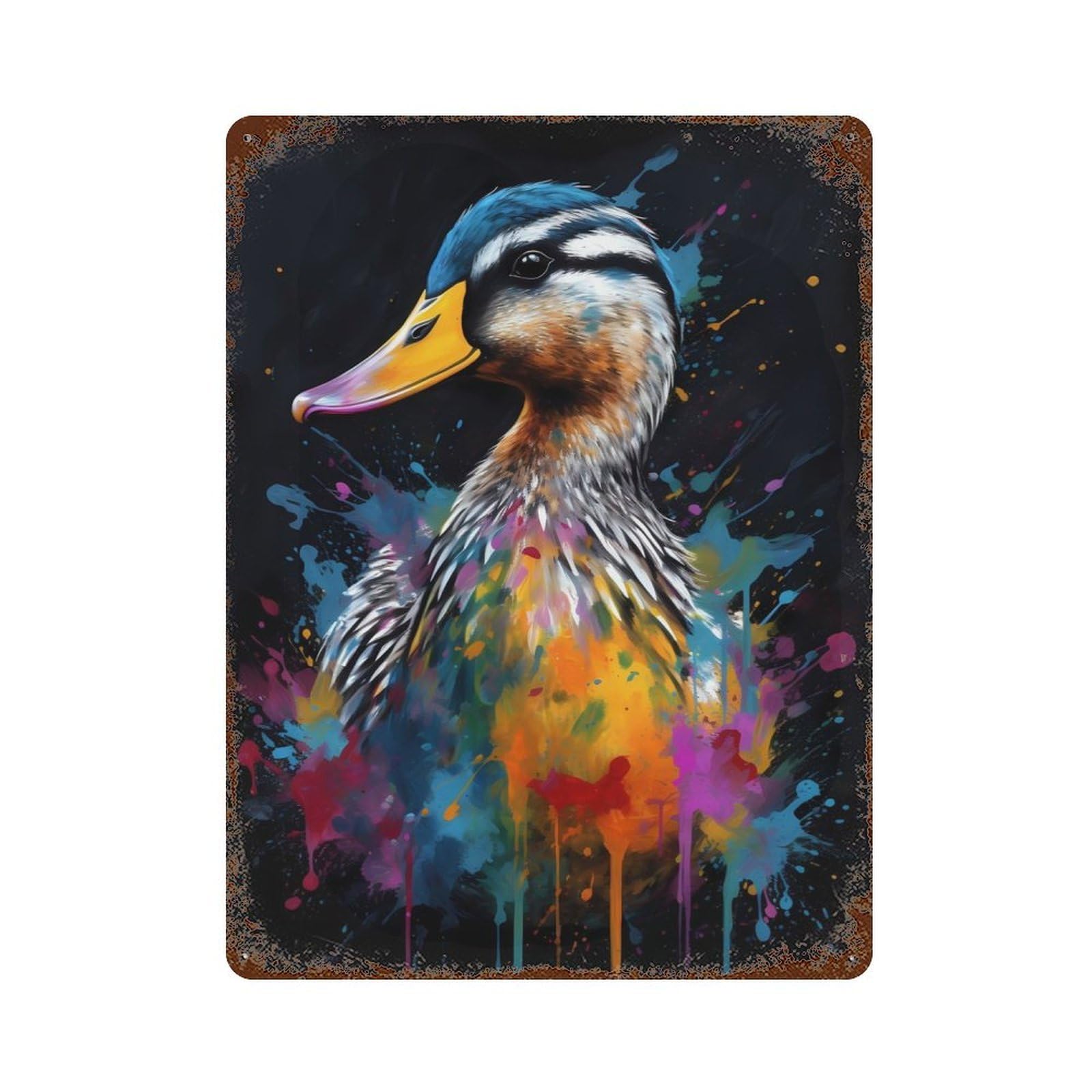 Colorful Duck With Drips Aged Metal Wall Plaque 15.7"x11.8", Farmhouse Wall Decor for Office, Studio And Wall Decor