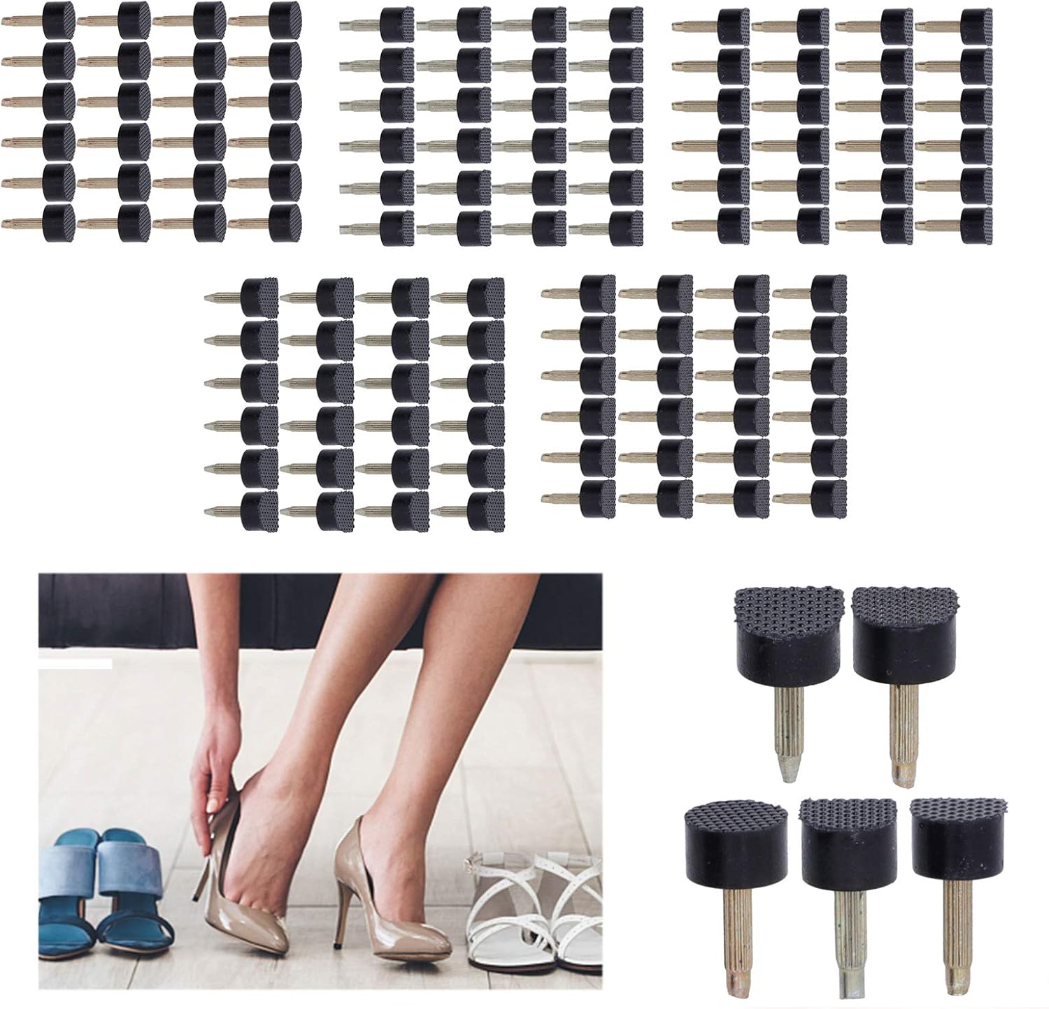 120Pcs High Heel Tip Caps, Heel Repair Replacement Kits, TPU Polyurethane Iron Shoes Repairing Accessories with 5 Types of Heel Tips, Non Slip Surface Design for Women's High Heels