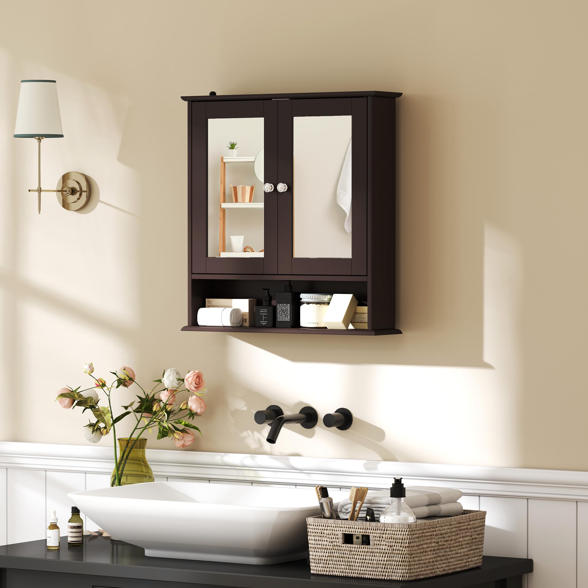 kleankin Armario de Baño con Espejo, Armario de Pared con 2 Puertas, Estante Abierto, Estante Ajustable, Mueble de Baño Colgar para Cocina, Salón, 56x13x58 cm, Marrón Oscuro