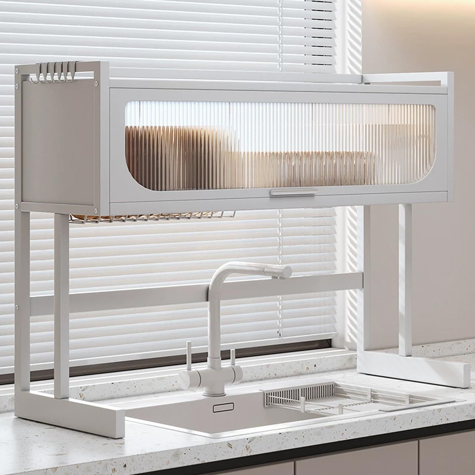 Scola piatti da appoggio sopra lavandino, multifunzione cucina porta scolapiatti, griglia scolapiatti gocciolatoio per lavello, con porta utensili.(65cm)