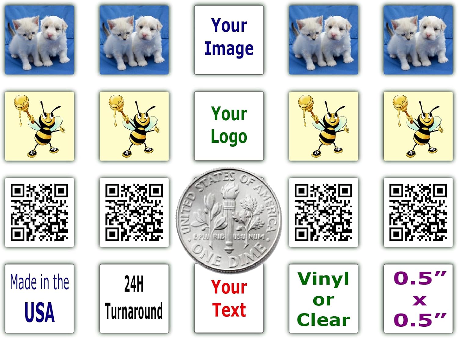 350, 0.5”x0.5 Square, Small, Custom Stickers Labels. Add Logo, Image or Text and Make Your Own Personalized Tiny Decals Labels. Custom Mini Decals Logo Stickers. Kiss Cut, Vinyl or Clear.