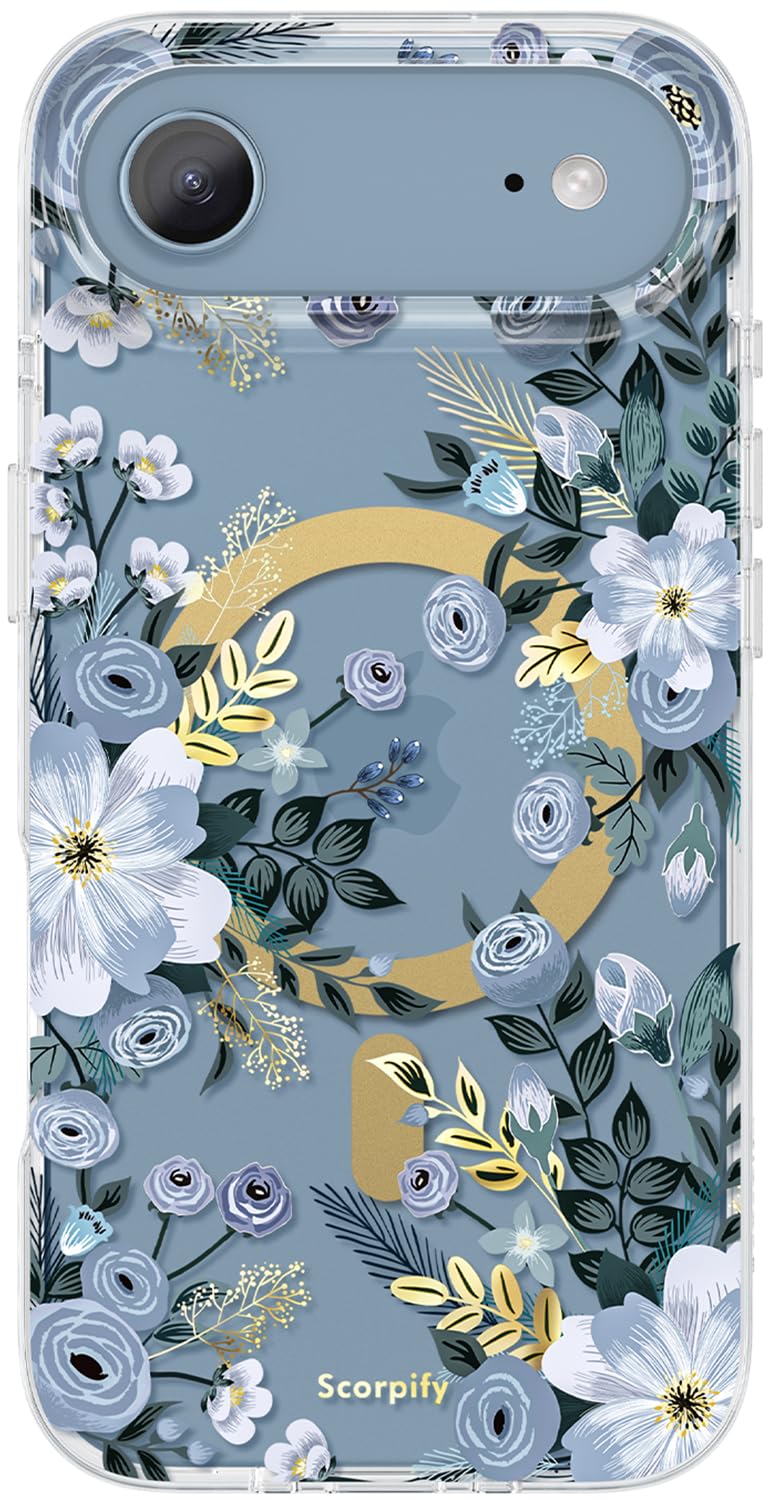 SCORPIFY for iPhone 17 Air Case [Compatible with MagSafe] with Blue Nemophila Floral Design, Cute Clear Flower Magnetic Phone Cover for Women Girls,[Non Yellowing] Slim Bumper with Gold Accents