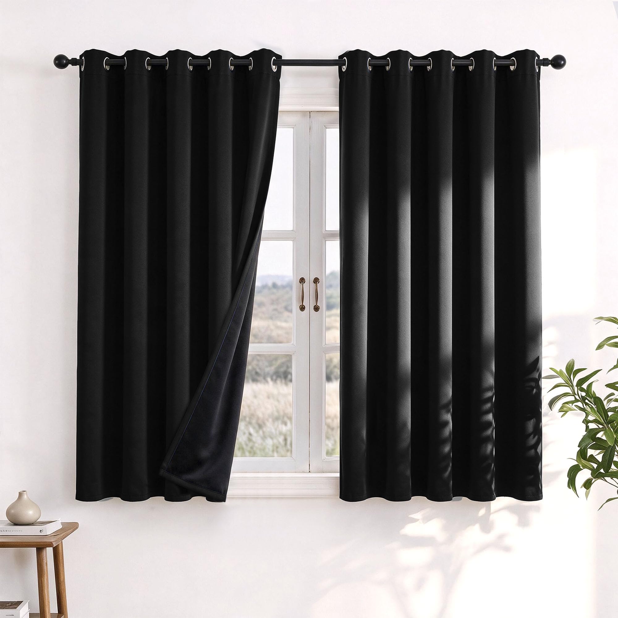 Deconovo 100% Blackout Curtains for Bedroom 66 x 54 Inch, Eyelet Thermal Curtains for Living Room with Black Backing & Energy Saving, 2 Panels, Black — image 1