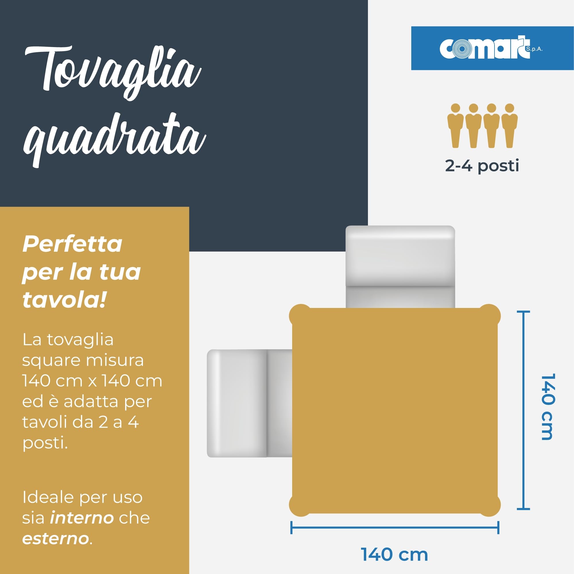 Comart - Tovaglia Square Antimacchia - Copritavolo a Quadretti Vichy 100% Poliestere - Effetto Tessuto - Resistente ai Liquidi - Lavabile in Lavatrice - Quadrata 140x140 cm - 4 Posti - Beige