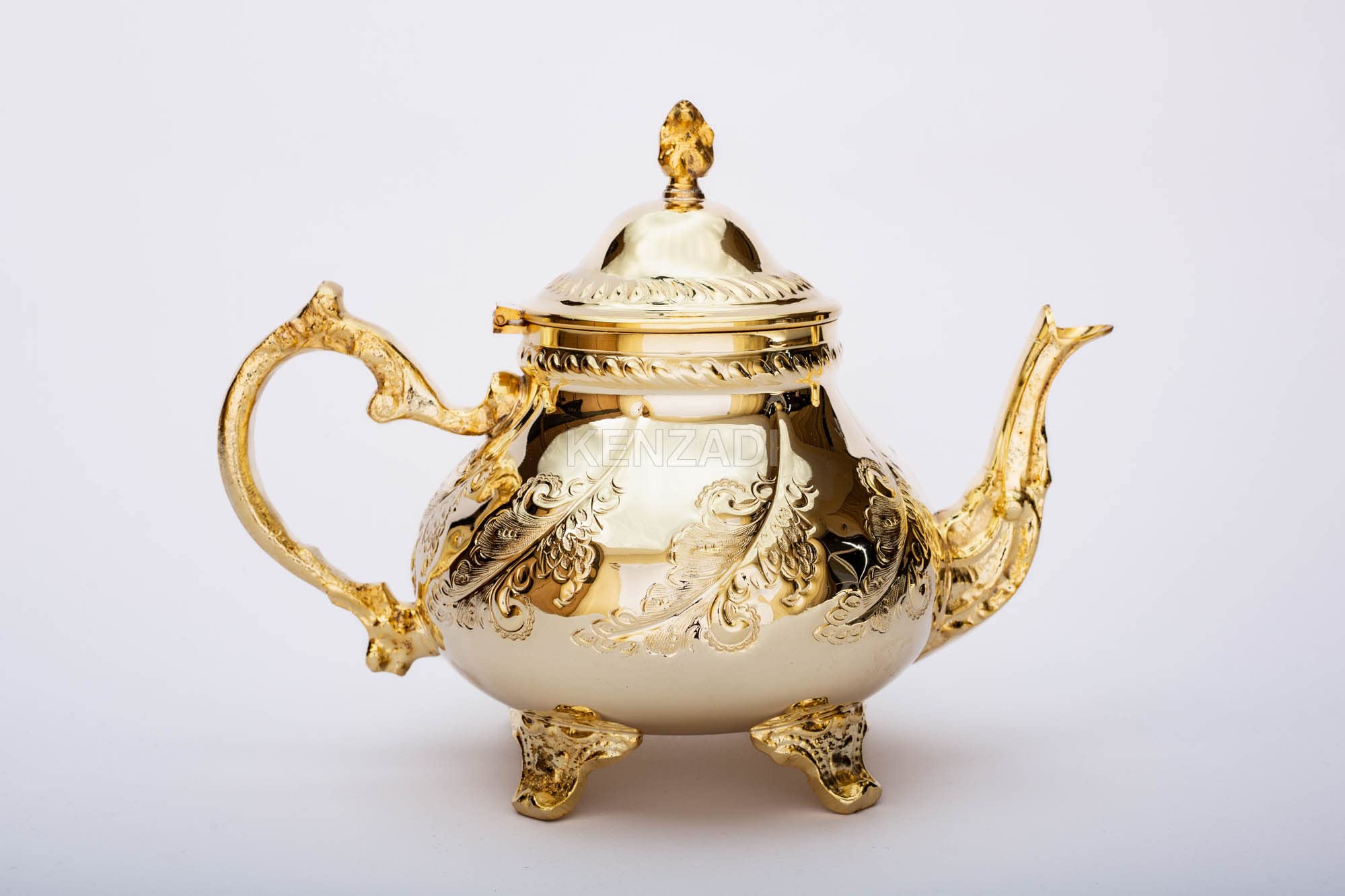 KENZADILarge Moroccan Brass Teapot with 4 Welded Legs, Handcrafted, Brass Plated, Hand Carved in Fez, Morocco