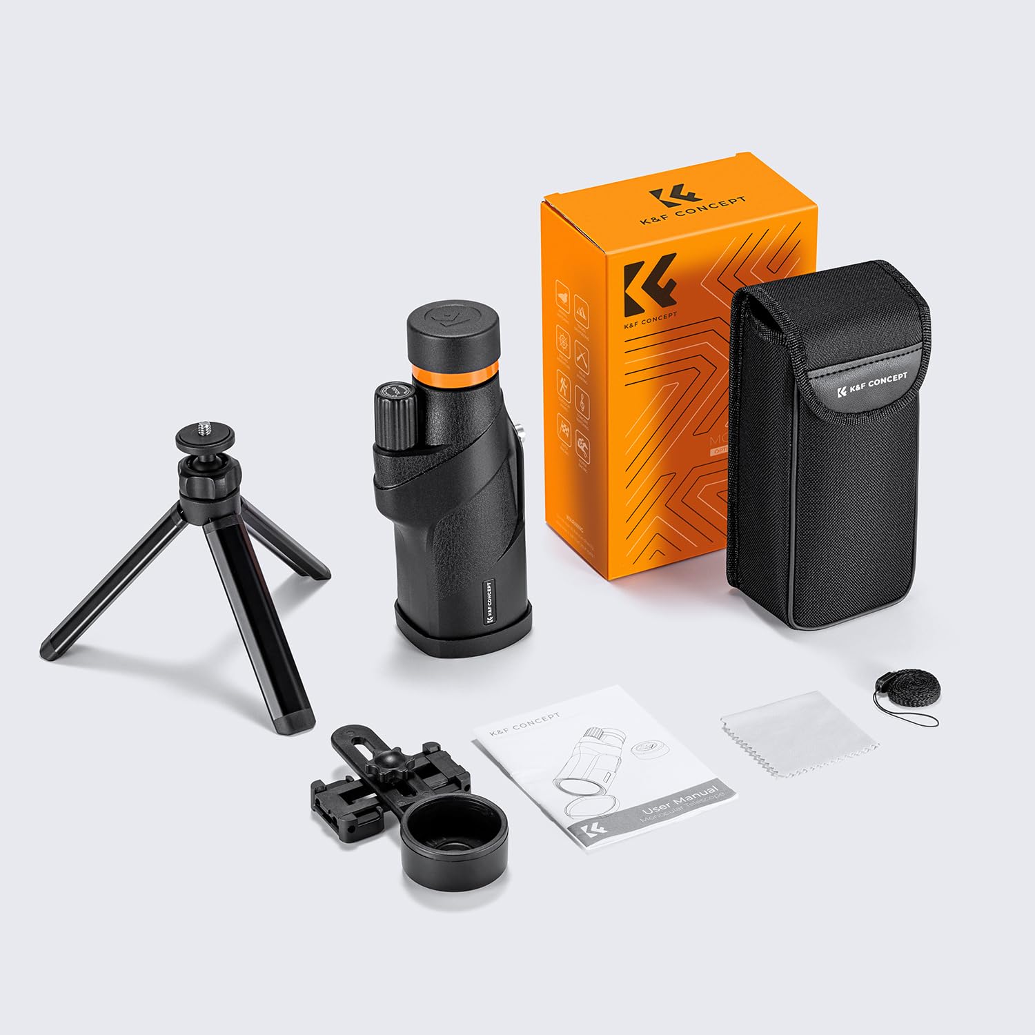 K&F CONCEPT Telescopio Monoculare 12 * 50, HD BAK4, Monocolo Portatile con Interfaccia Arca, Clip per telefono, Supporto per Treppiede Piccolo, Canocchiale Monoculare per Bird Watching, Viaggio, Nero