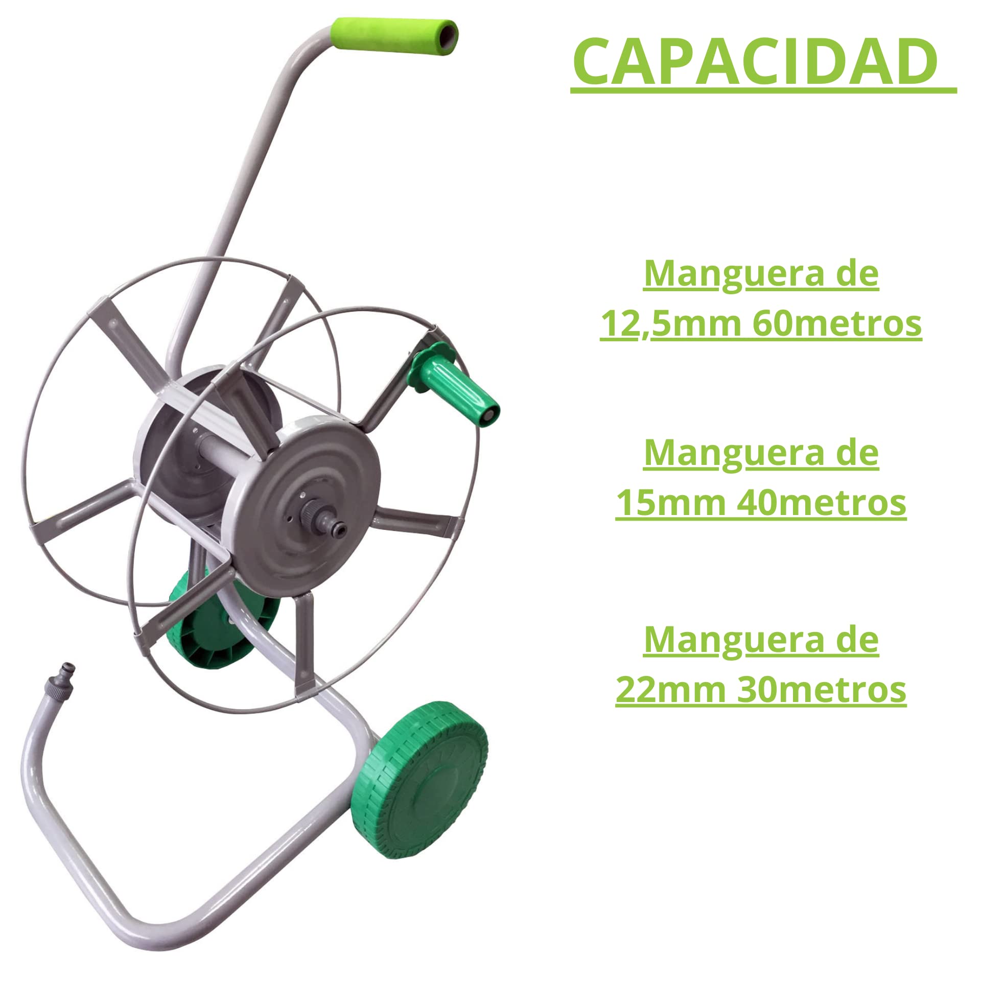 Carro para recoger mangueras, capacidad para 60 metros de manguera, cuenta con 2 ruedas para el fácil transporte, cuerpo fabricado en metal.Cuenta con 2 conexiones rápidas para la alimentación de agua