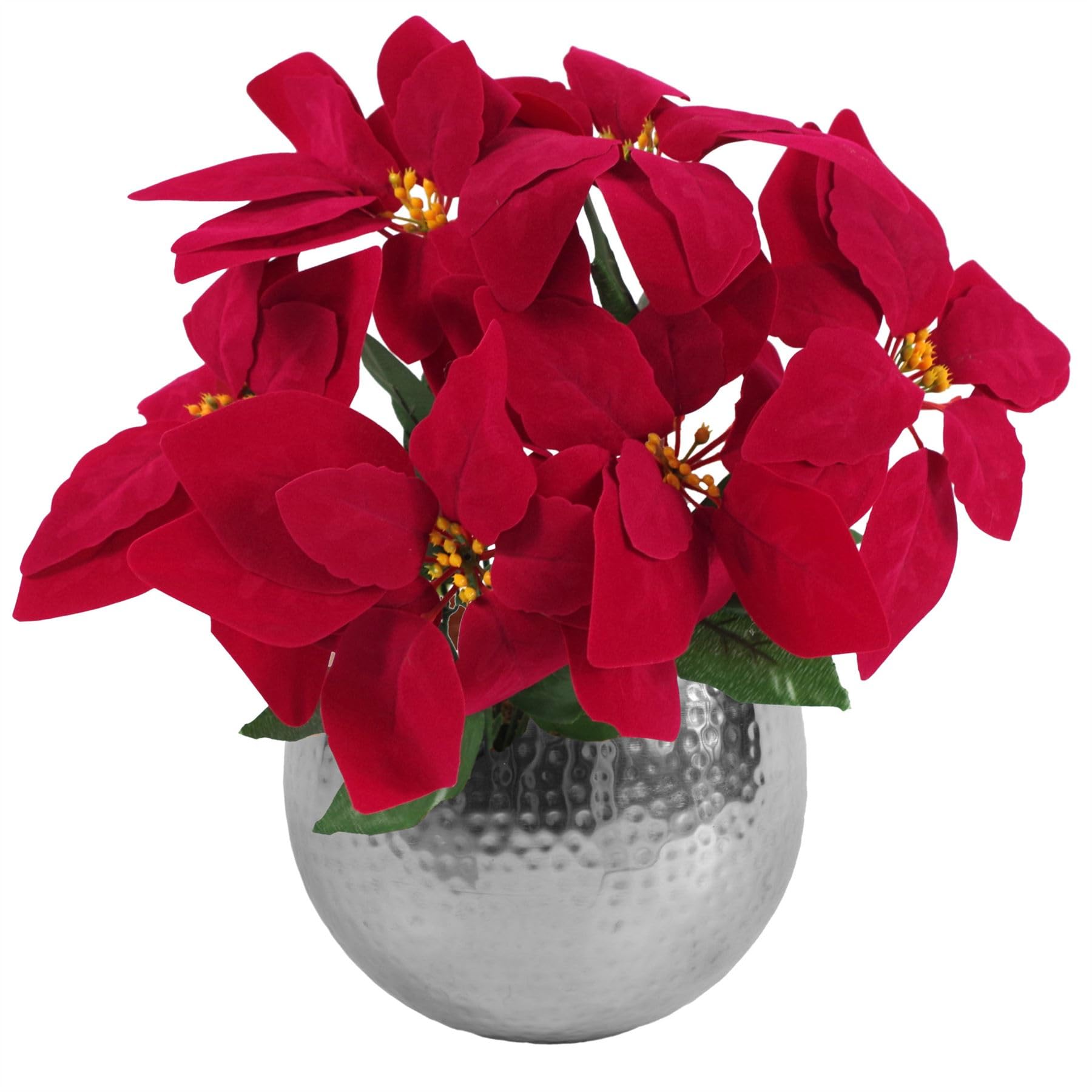 Leaf Artificial Christmas Xmas Red Poinsettia 40Cm Silver Curved Metal Planter