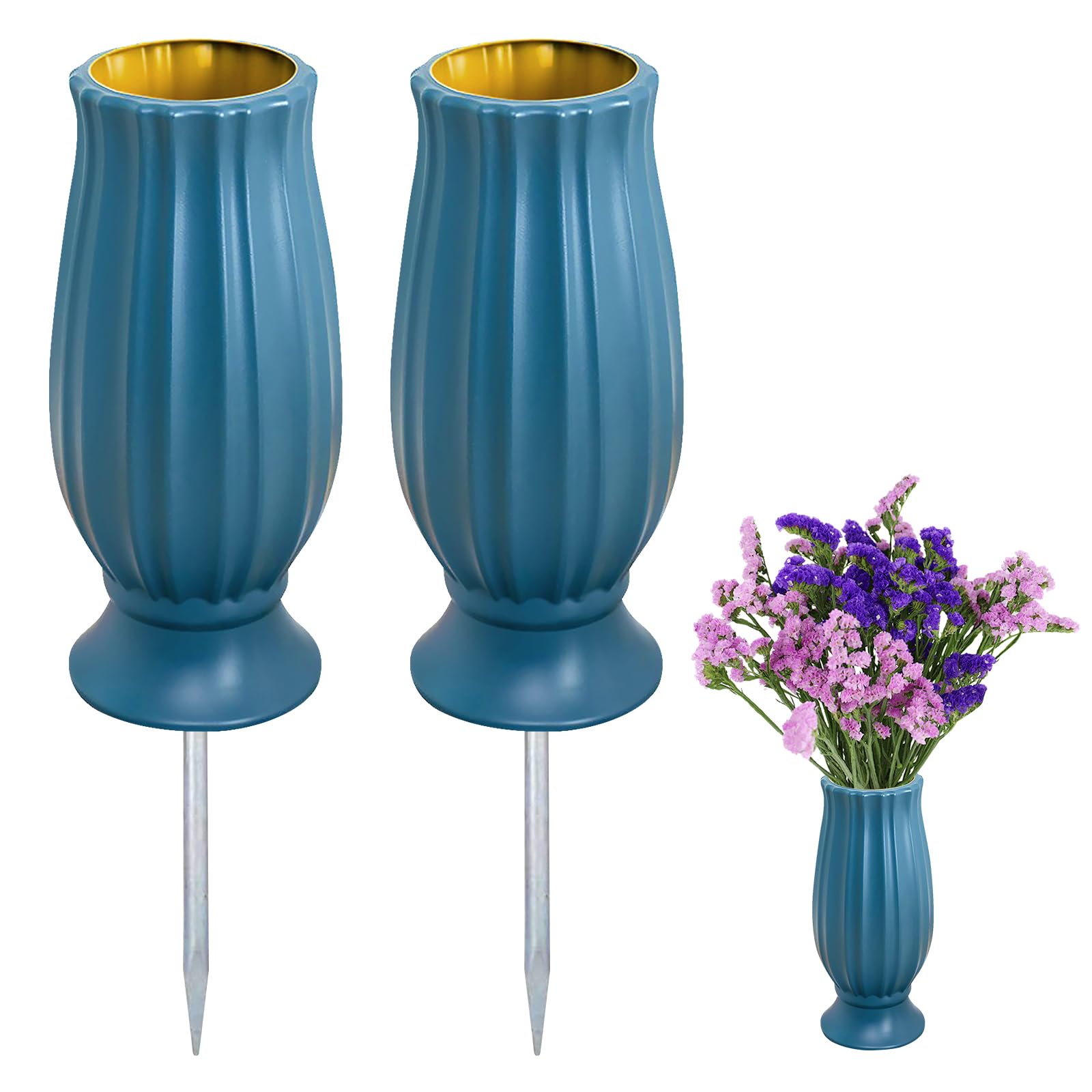 Jarrón para cementerio, 2 unidades, con estaca, jarrones para cementerio, a prueba de heladas, jarrones de plástico con clavos de metal, jarrones para cementerio para acomodar ramos de flores (azul)