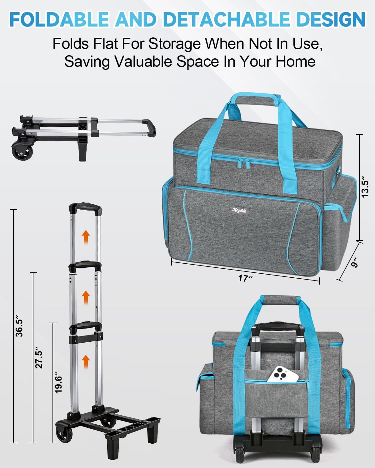 Sewing Machine Case with Wheels, Foldable Rolling Sewing Machine Case，Tote Bag with Bottom Support Board & Adjustable Shoulder Strap, Compatible with Singer, Brother, Janome Standard Sewing Machines
