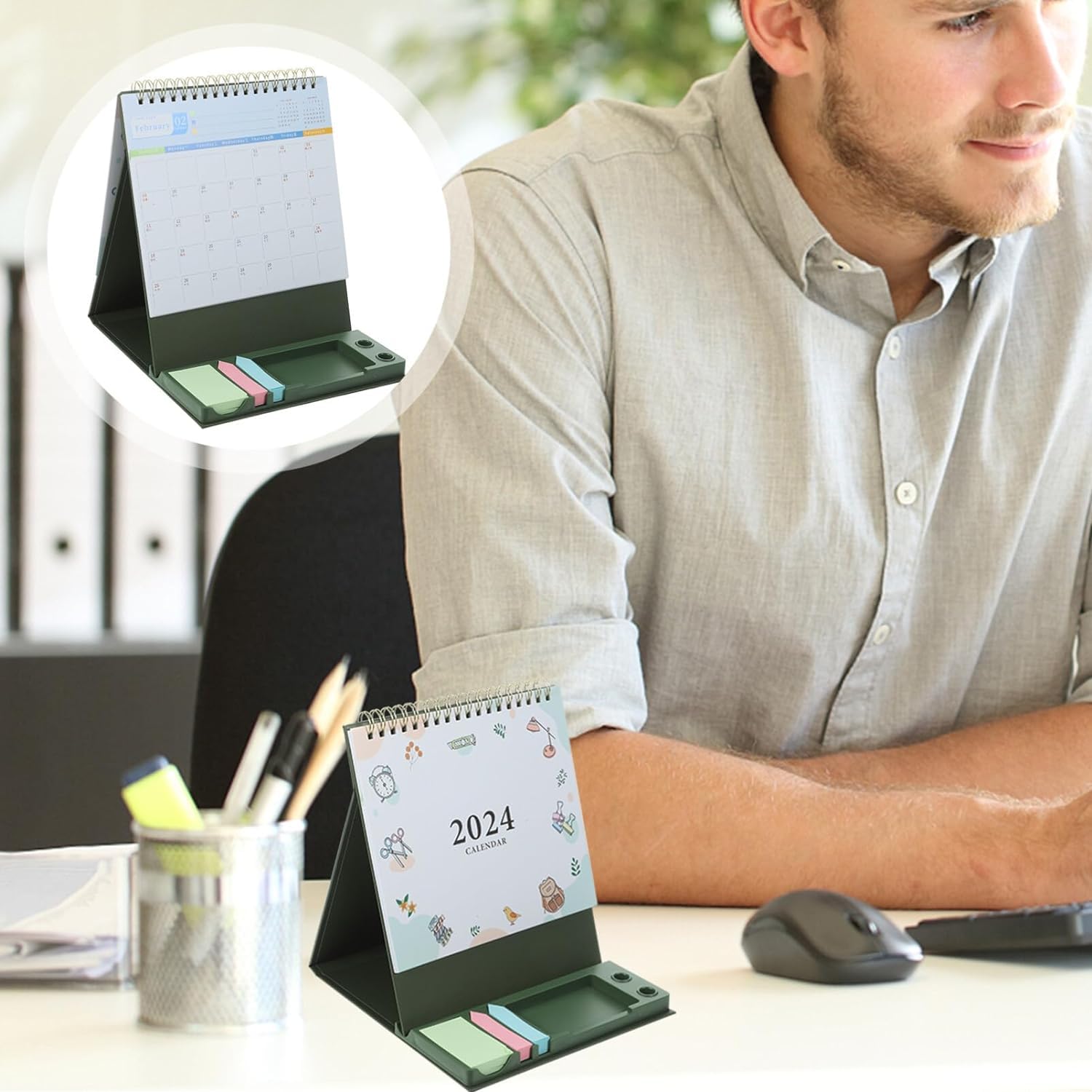 Großer Tischkalender 2024, 3D-Kalender, Schreibtischkalender 2023–2024 läuft von September 2023 bis Dezember 2024, stehender kleiner Kalender mit Haftnotizenhalter, Monatsplaner 2023–24