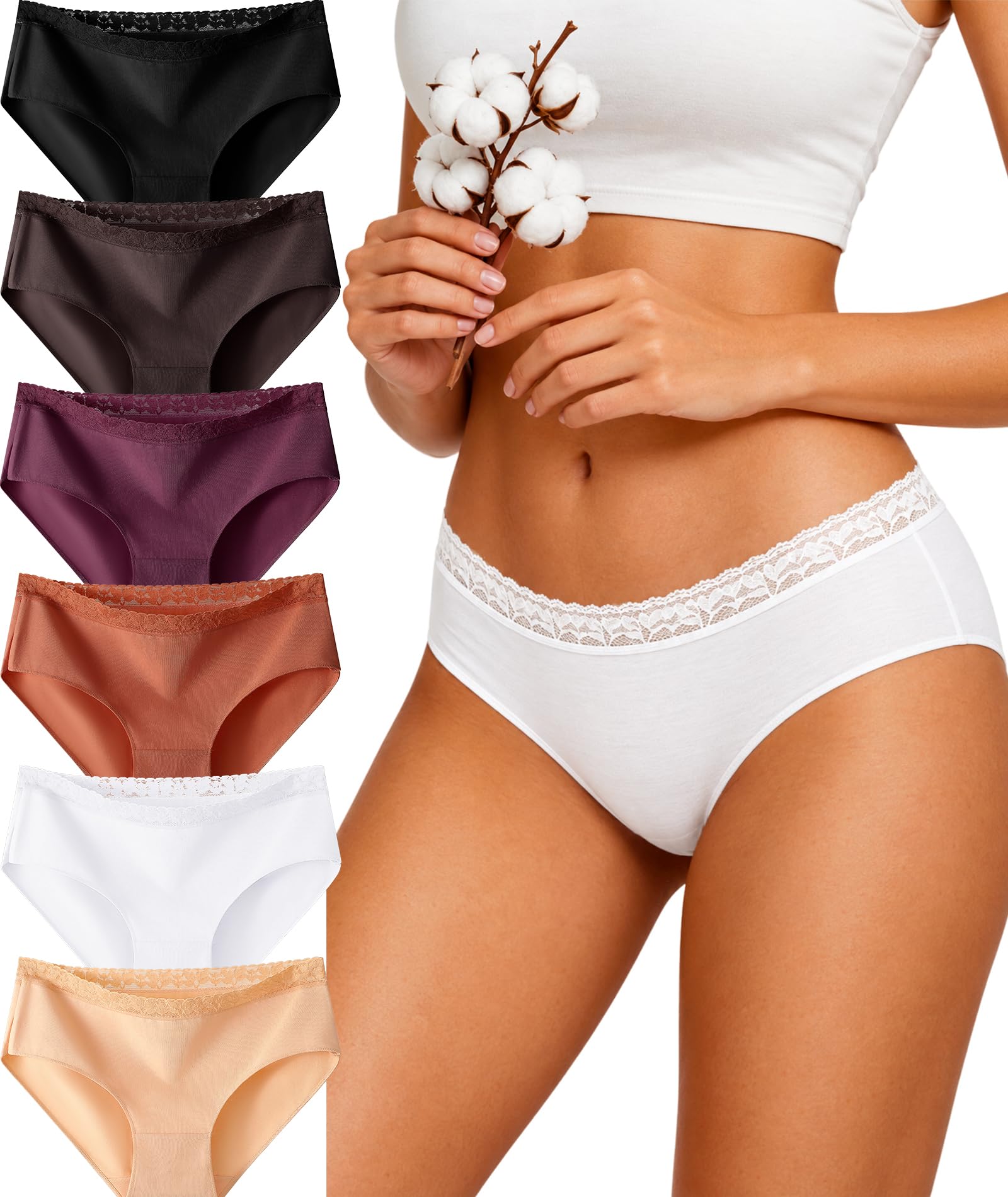 READY TO LOVE Cotton Underwear Women 6Pack Sexy Lace Trim Panties Bikini