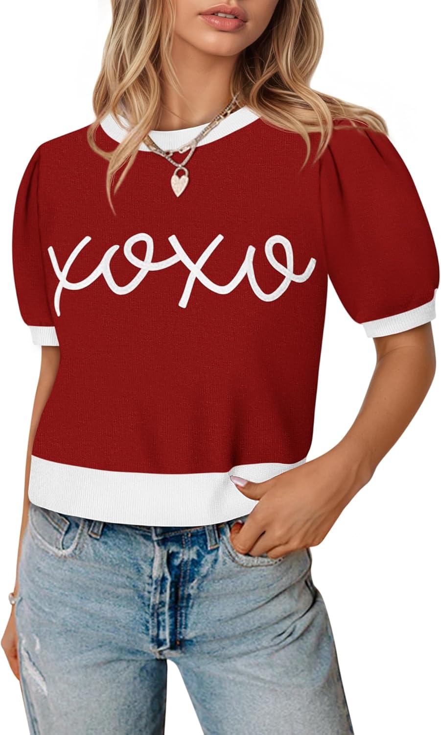 Womens Puff Short Sleeve Sweater Casual Cropped Knit Shirts Cute Valentines Pullover Jumper Tops