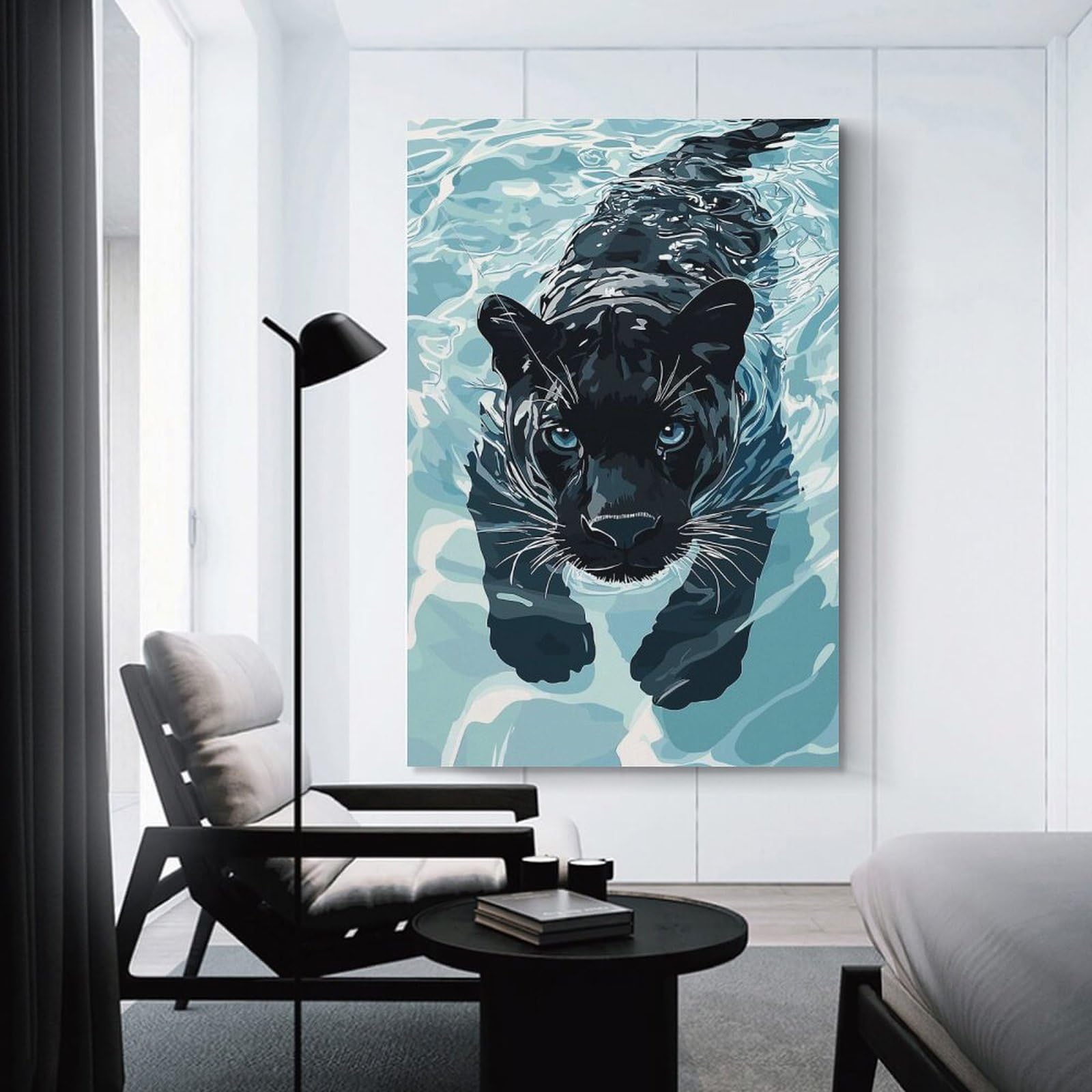 Junmoney Black Panther Swimming Wall Art Print, 20x30inch(50x75cm), for Study, Office Or Focused Interiors, Home Office Artwork with Decorative Appeal