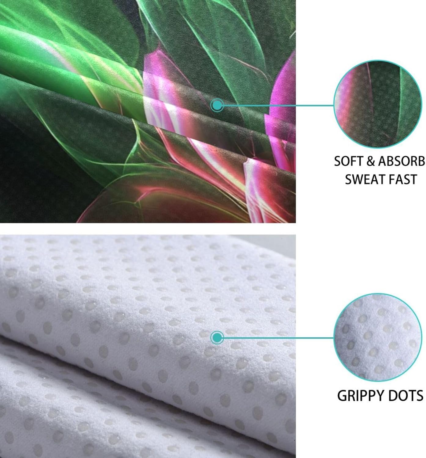 Yoga Mat Towel with Silicone Grip Dot Floral Green Purple – 73"x27" Non-Slip Sweat Absorbent Microfiber Yoga Towel for Home Gym Studio