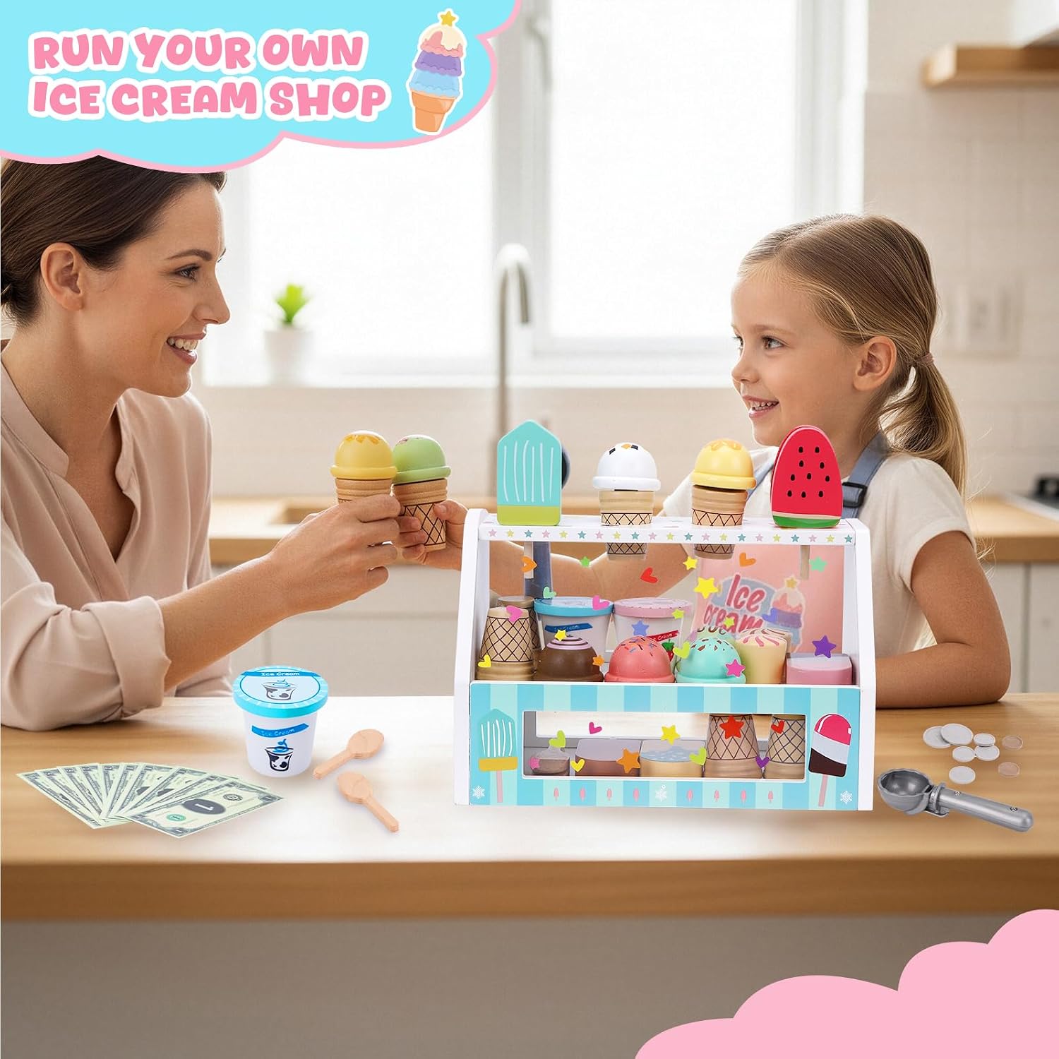 LOYO Ice Cream Toy for Kids 3-6, Wooden Ice Cream Shop Play Set with Counter, Apron, DIY Sticker, Scoop, Toy Money - Pretend Play Toys for Toddler Role Play, Christmas & Birthday Gift for Girls & Boys