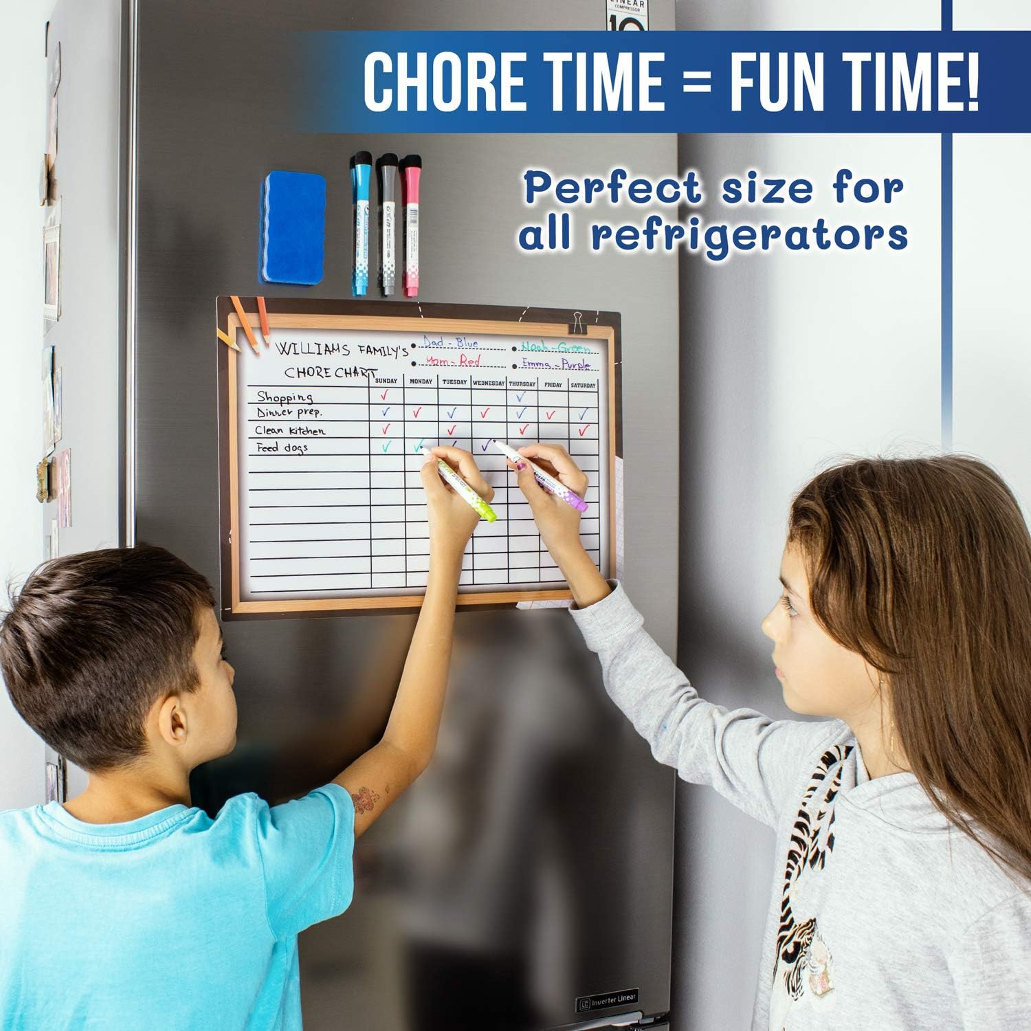 Chore Chart For Multiple Kids-By MBM-Magnetic Dry Erase Chore Chart Great for Kids,Teenagers & Adults-17x12"-Includes 6 Fine Tip Markers & Eraser With Strong Magnets-Daily Responsibility &Reward Chart