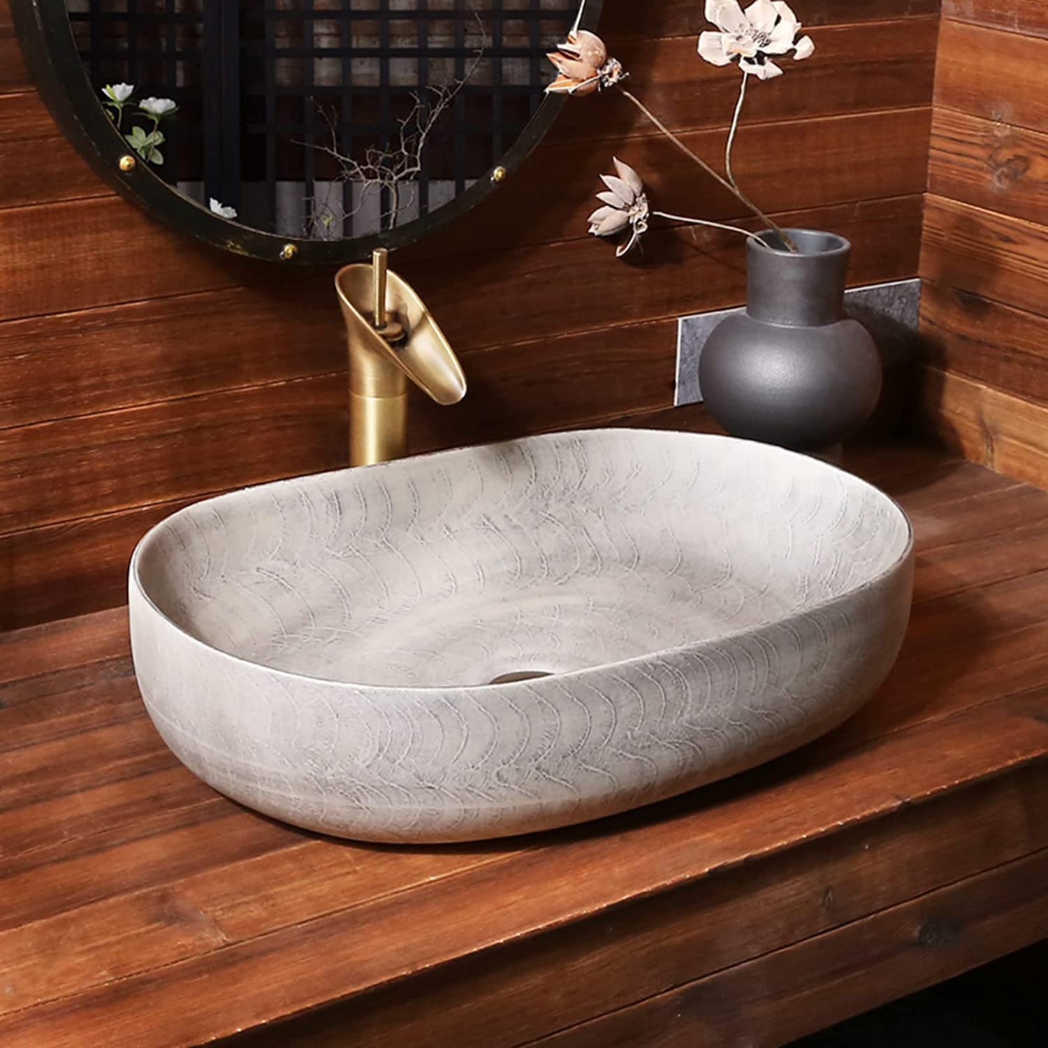 WOTZOV Ceramic Bathroom Sink Hand Carving Ceramic Bathroom Basin Sink, Countertop Washbasin Retro Simplicity 59 * 40 * 15Cm, Cloakroom Vessel Sink Can Be Installed Indoors,Basinset(sixpieces)