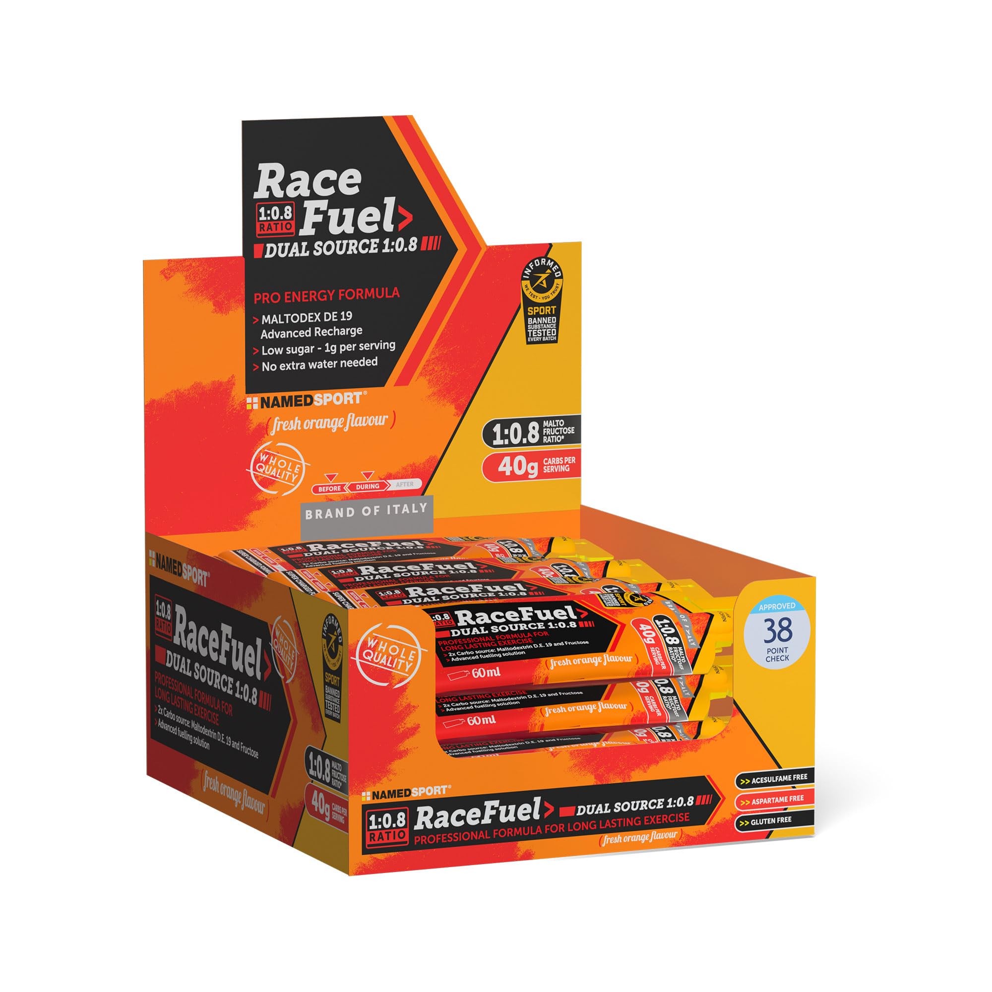 NAMEDSPORT Race Fuel Gel Arancia | Gel Energetico con Maltodestrine e Fruttosio | Sport di Endurance (Ciclismo, Running, Triathlon) | Vegano e Senza Glutine | Gusto Arancia, 24 x 60 ml