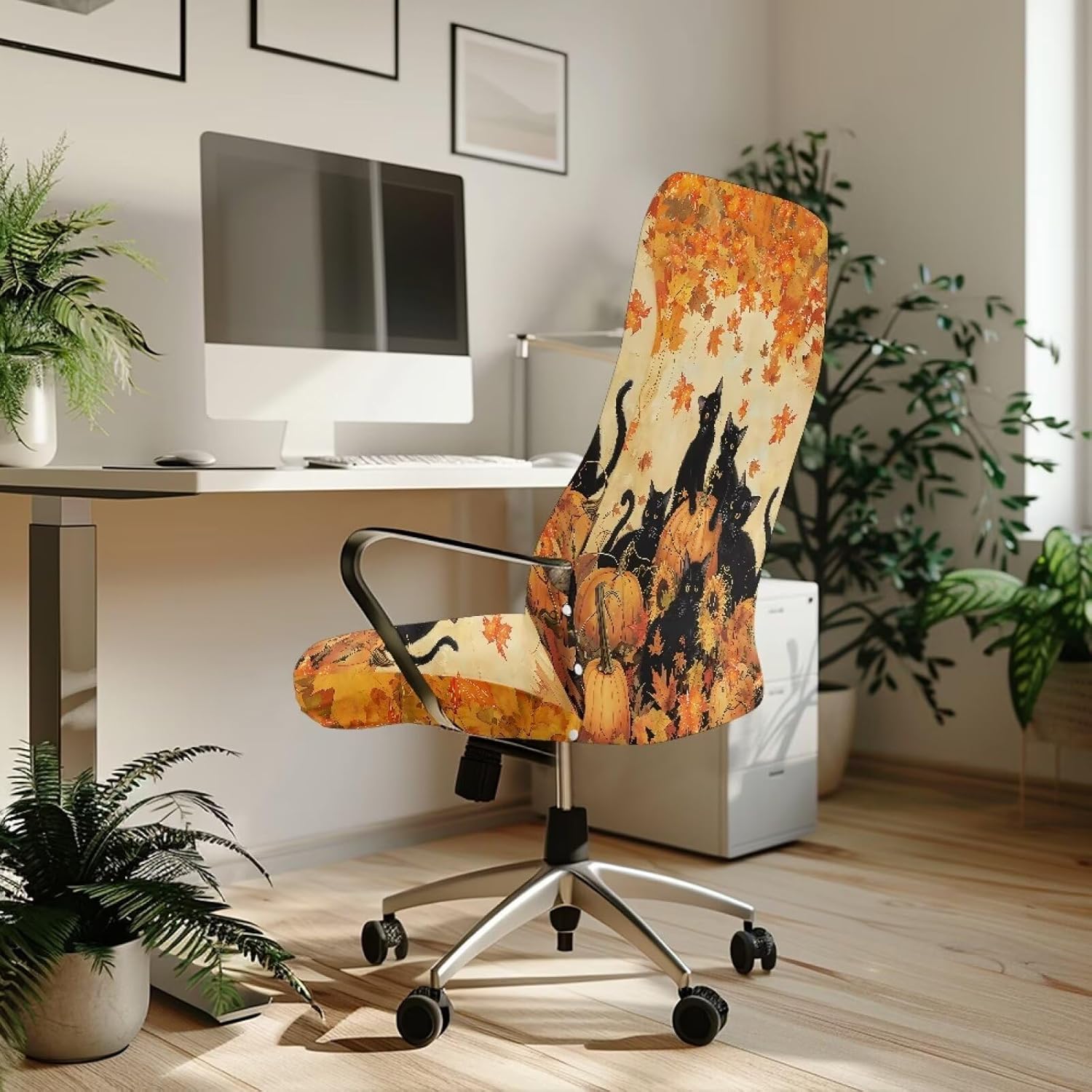 One Piece Desk Chair Seat Cover Easy to Install Office Chair Slipcover with Arms Soft Fit Breathable Universal Rotating Office Armchair Cover for Fall Thanksgiving Decor Size L
